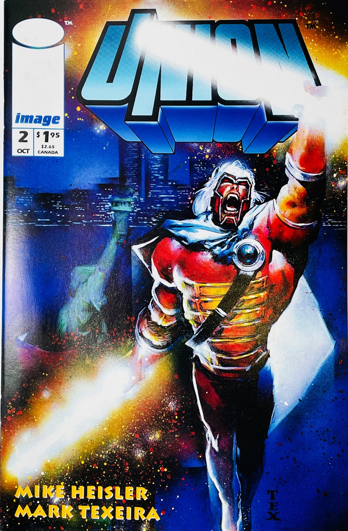Union issue 2 cover by Mark Texeira featuring the superhero powering up with cosmic energy in front of the New York skyline and Statue of Liberty.