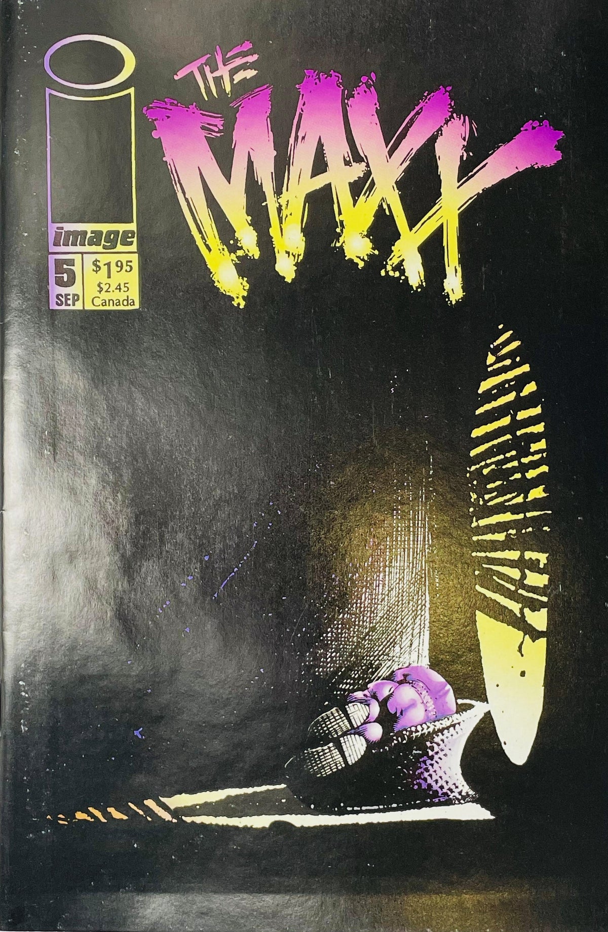 The Maxx issue 5 cover by Sam Kieth featuring a minimalist black background with vibrant pink and yellow logo lettering above a foot illuminated in a sliver of light.