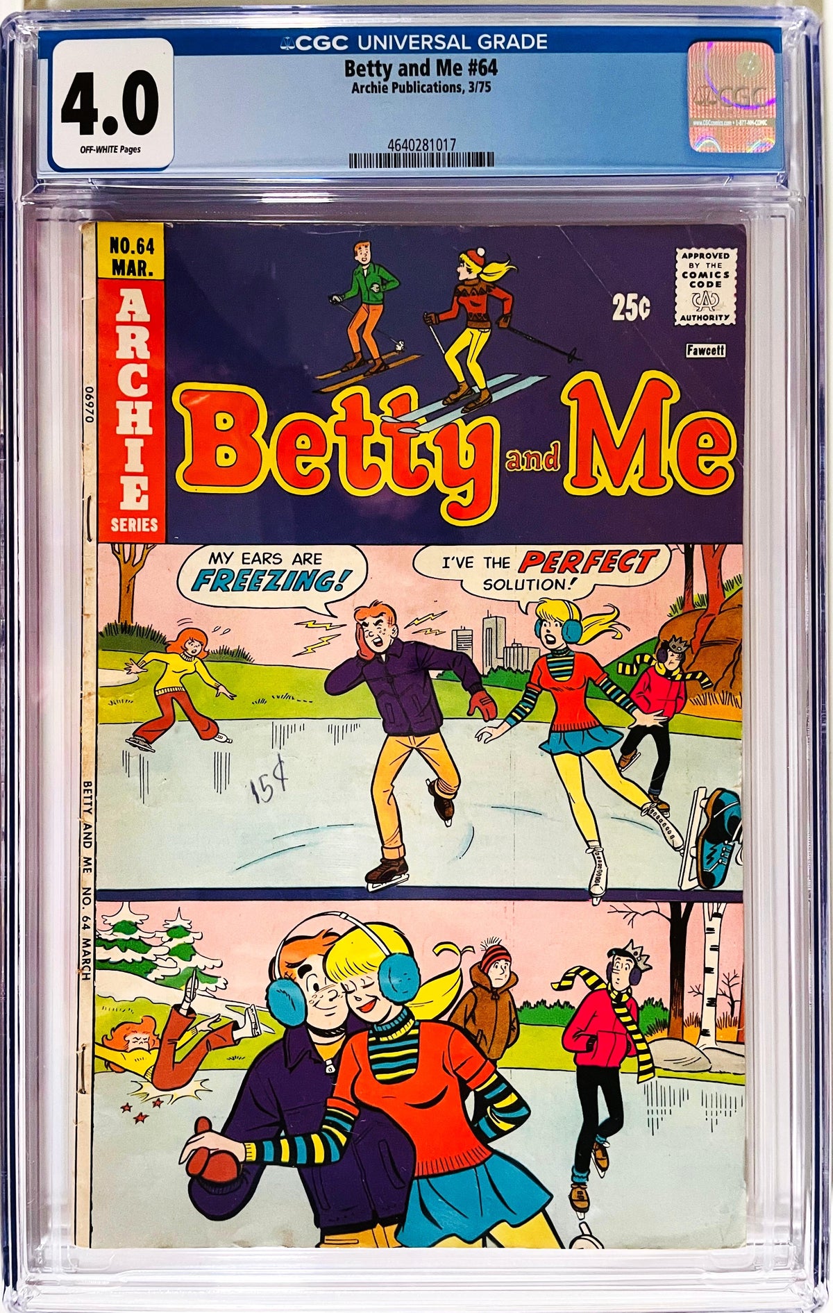 Betty and Me #64 March 1975 Archie Comics CGC 4.0 slabbed comic featuring Betty and Archie ice skating