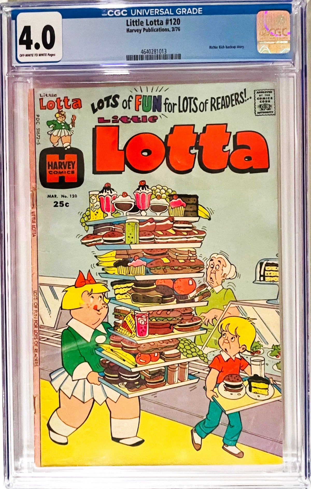 Little Lotta #120 March 1976 Harvey Comics CGC 4.0 slabbed comic featuring Little Lotta carrying a huge stack of food