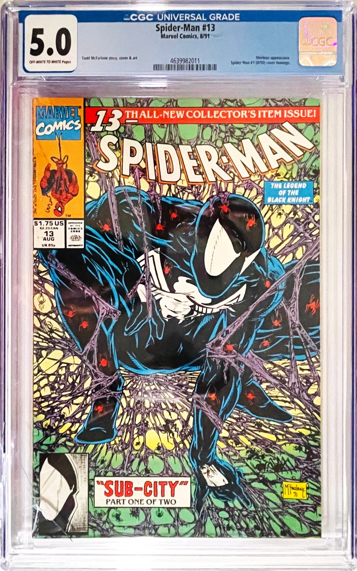 Spider-Man #13 August 1991 Marvel Comics CGC 5.0 slabbed comic featuring Todd McFarlane's black costume Spider-Man cover