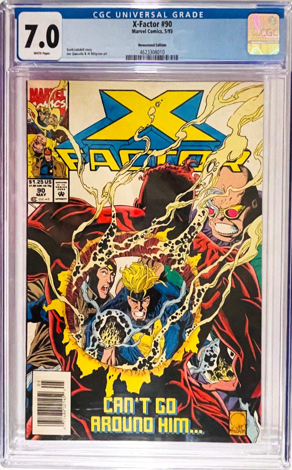 X-Factor issue 90 CGC 7.0 graded newsstand comic slab featuring cover art by Joe Quesada of Havok and X-Factor surrounded by cosmic energy.