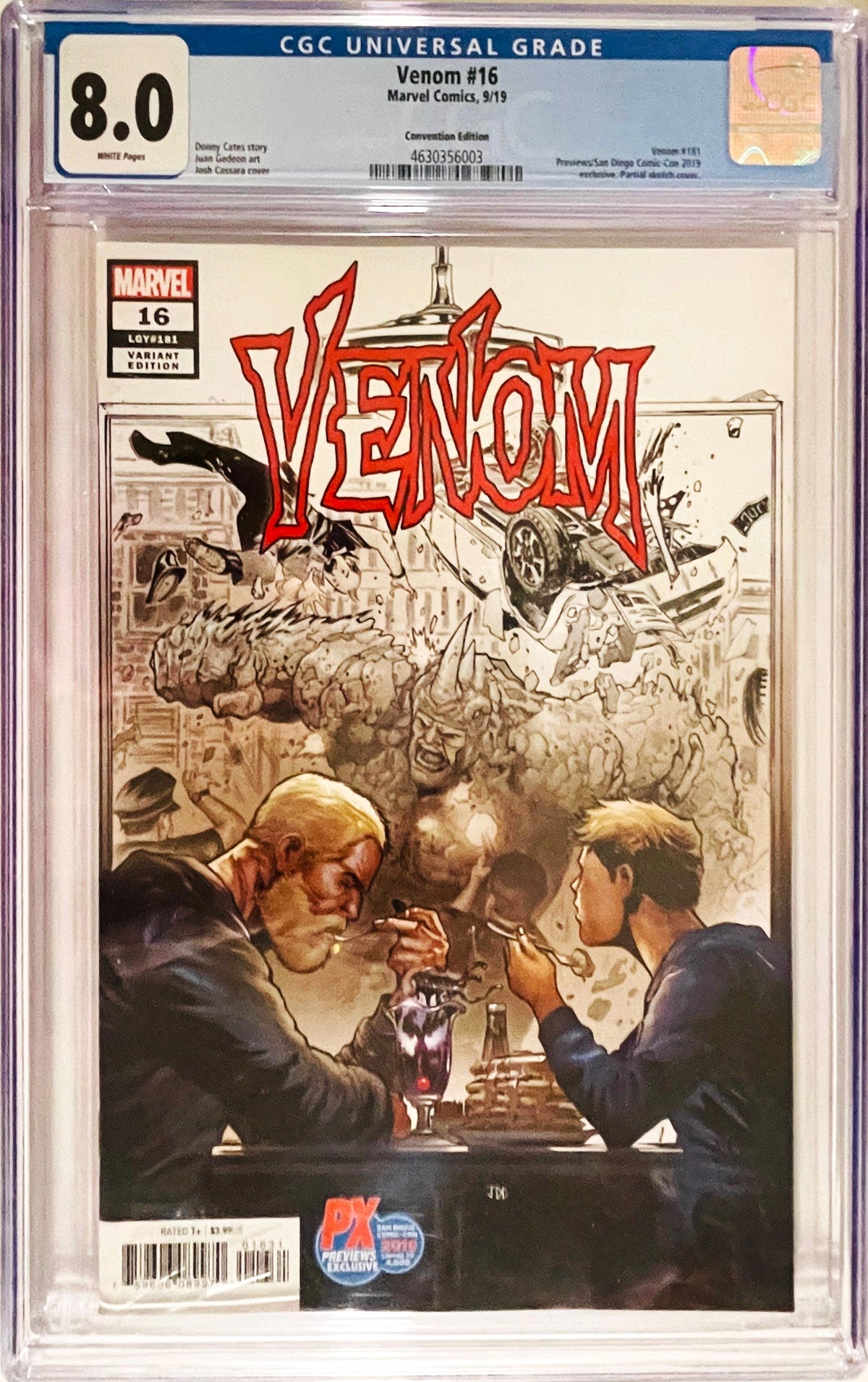 Venom issue 16 CGC 8.0 graded convention variant comic slab featuring partial sketch cover art by Joshua Cassara of Eddie Brock and Dylan at a diner.