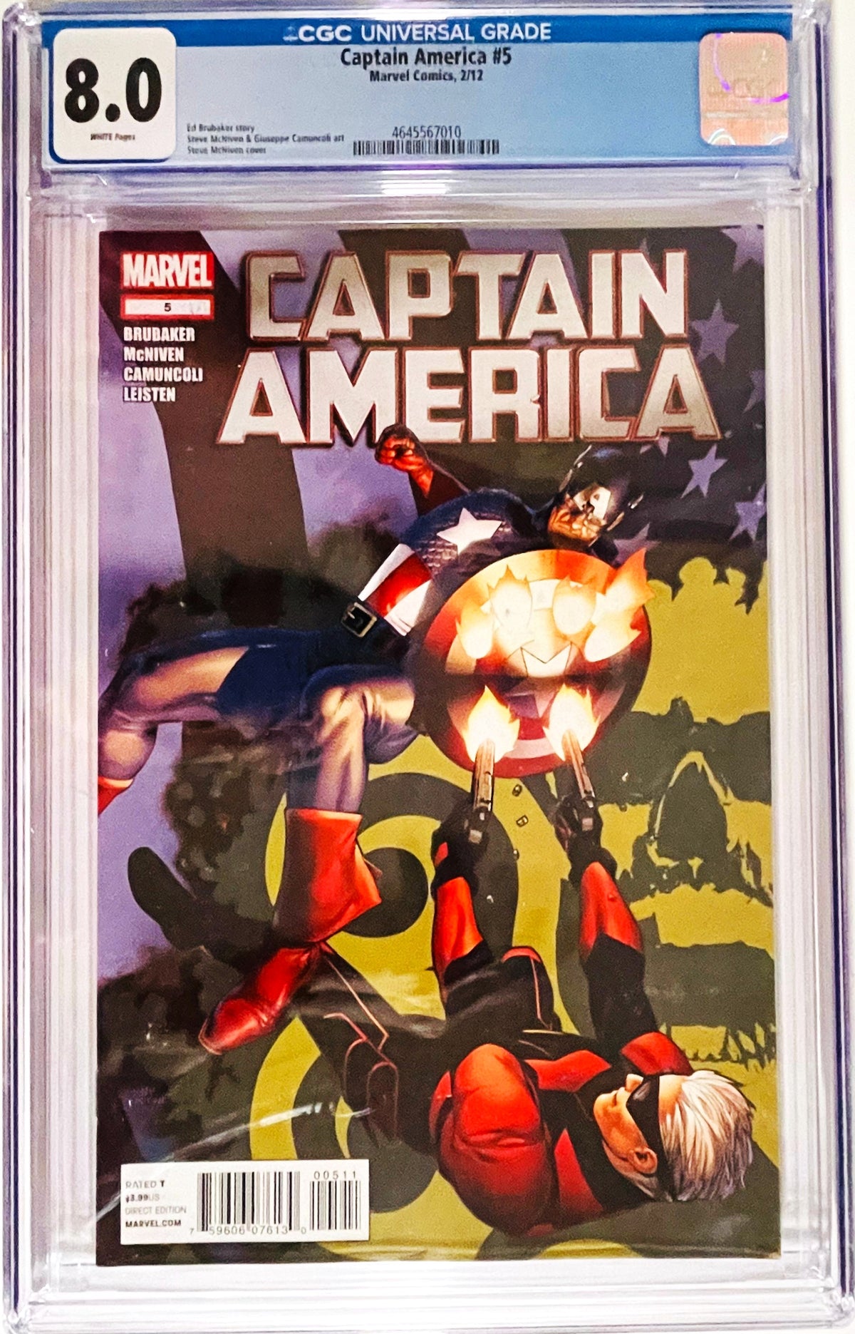Captain America issue 5 CGC 8.0 graded comic slab featuring cover art by Steve McNiven of Captain America deflecting bullets with his shield.