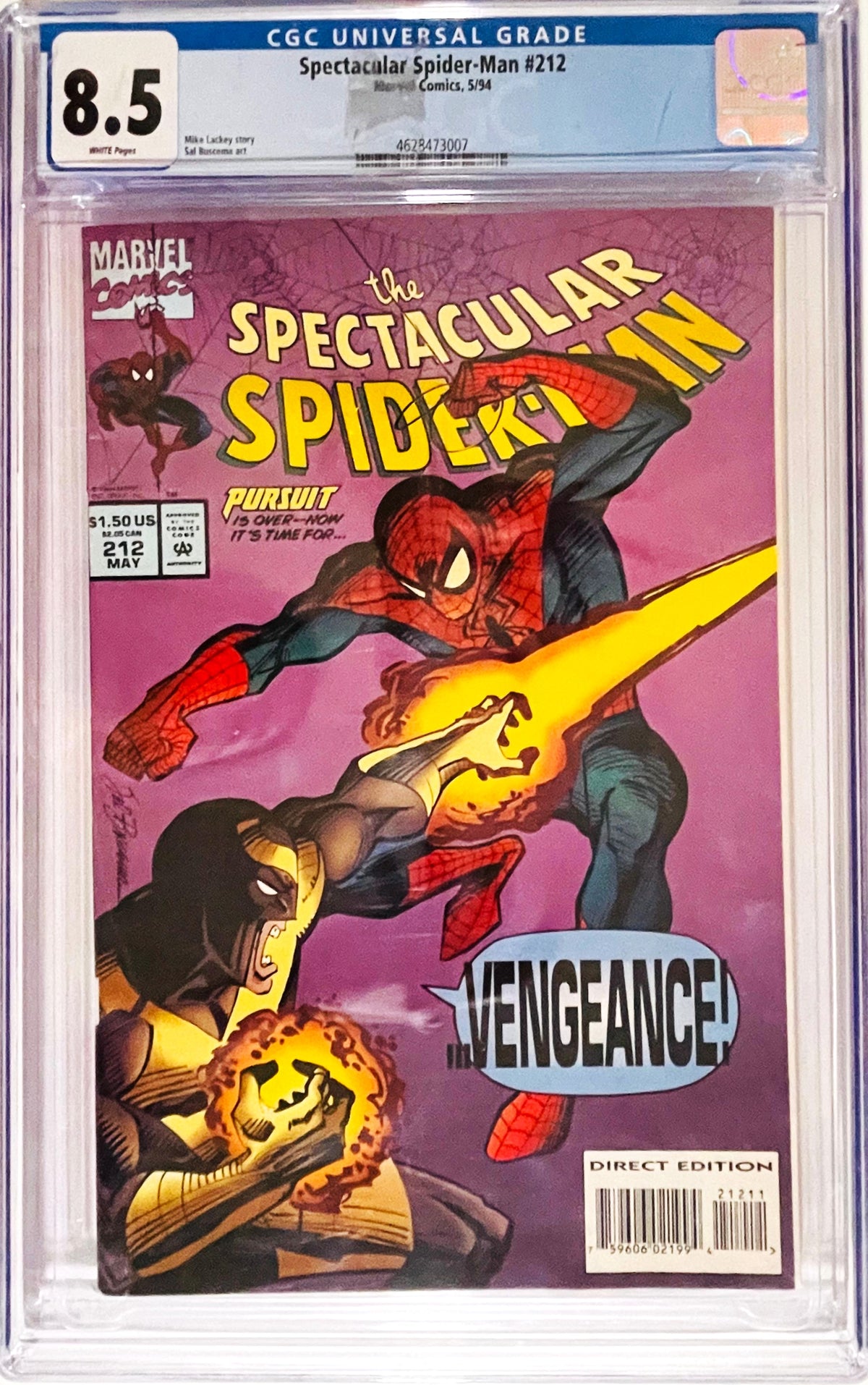 Spectacular Spider-Man issue 212 CGC 8.5 graded comic slab featuring Sal Buscema cover art of Spider-Man battling Vengeance.