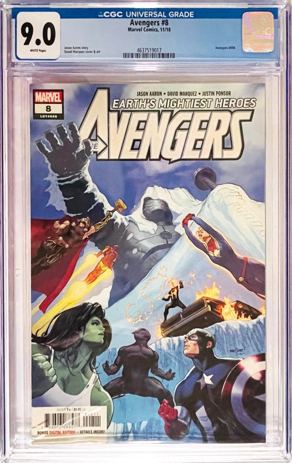 Avengers issue 8 CGC 9.0 graded comic slab featuring cover art by David Marquez of the Avengers team in front of a frozen Celestial.