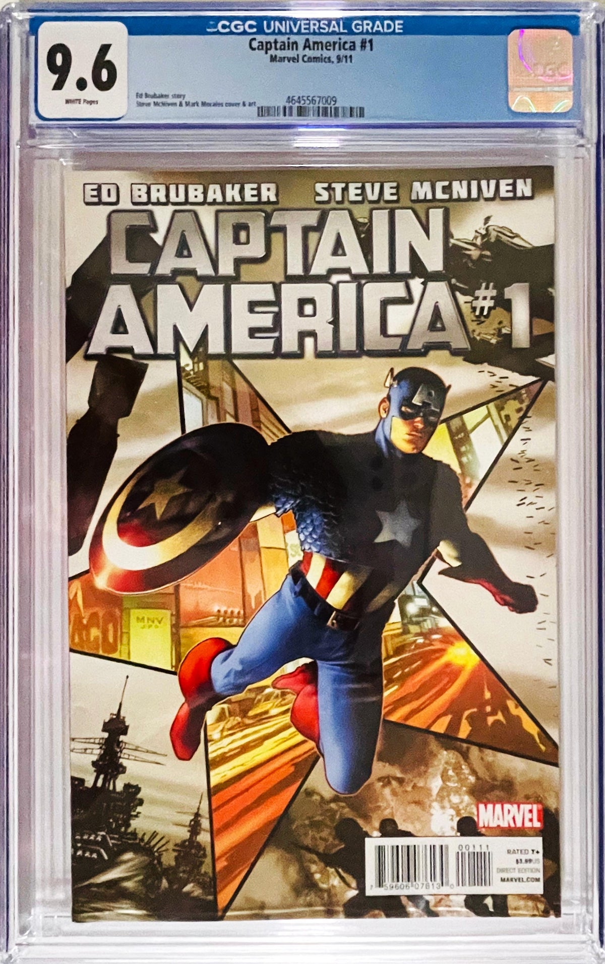 Captain America issue 1 CGC 9.6 graded comic slab featuring relaunch cover art by Steve McNiven of Steve Rogers leaping with shield.