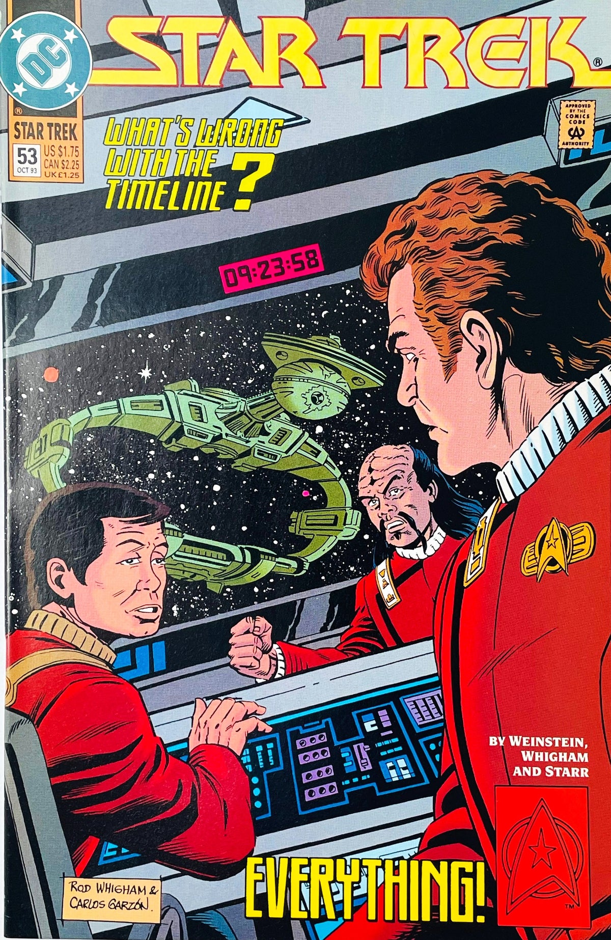 Star Trek volume 2 issue 53 comic book published by DC Comics featuring Rod Whigham cover art of Kirk, McCoy, and a Klingon Starfleet officer looking at a Romulan Warbird.