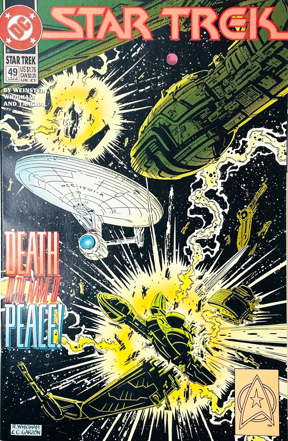 Star Trek volume 2 issue 49 comic book published by DC Comics featuring Rod Whigham cover art of the Enterprise NCC-1701-A near an exploding starship.