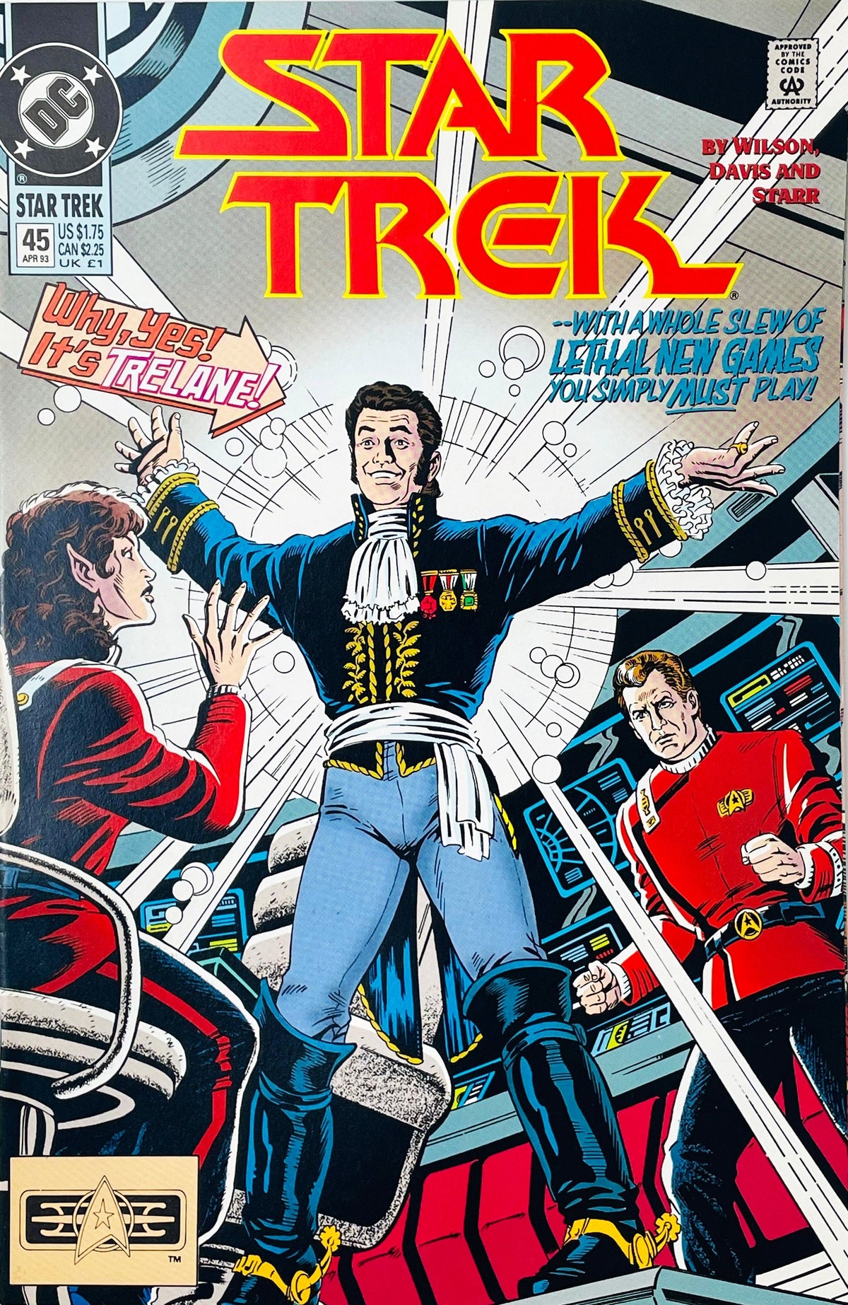 Star Trek volume 2 issue 45 comic book published by DC Comics featuring Alan Davis cover art of Trelane appearing on the Enterprise bridge in front of Kirk and Saavik.