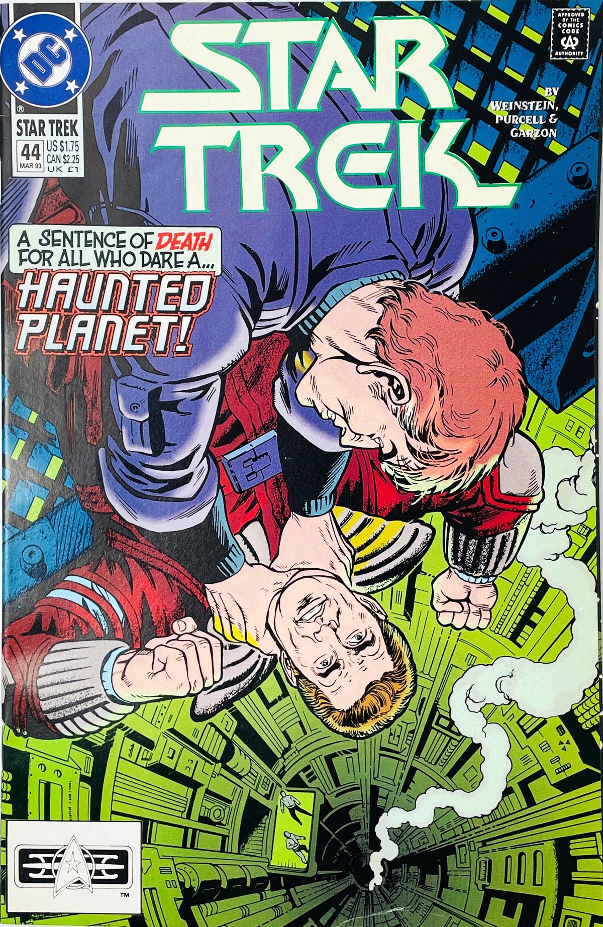 Star Trek volume 2 issue 44 comic book published by DC Comics featuring cover art of Captain Kirk fighting a man above a glowing pit with Haunted Planet text.