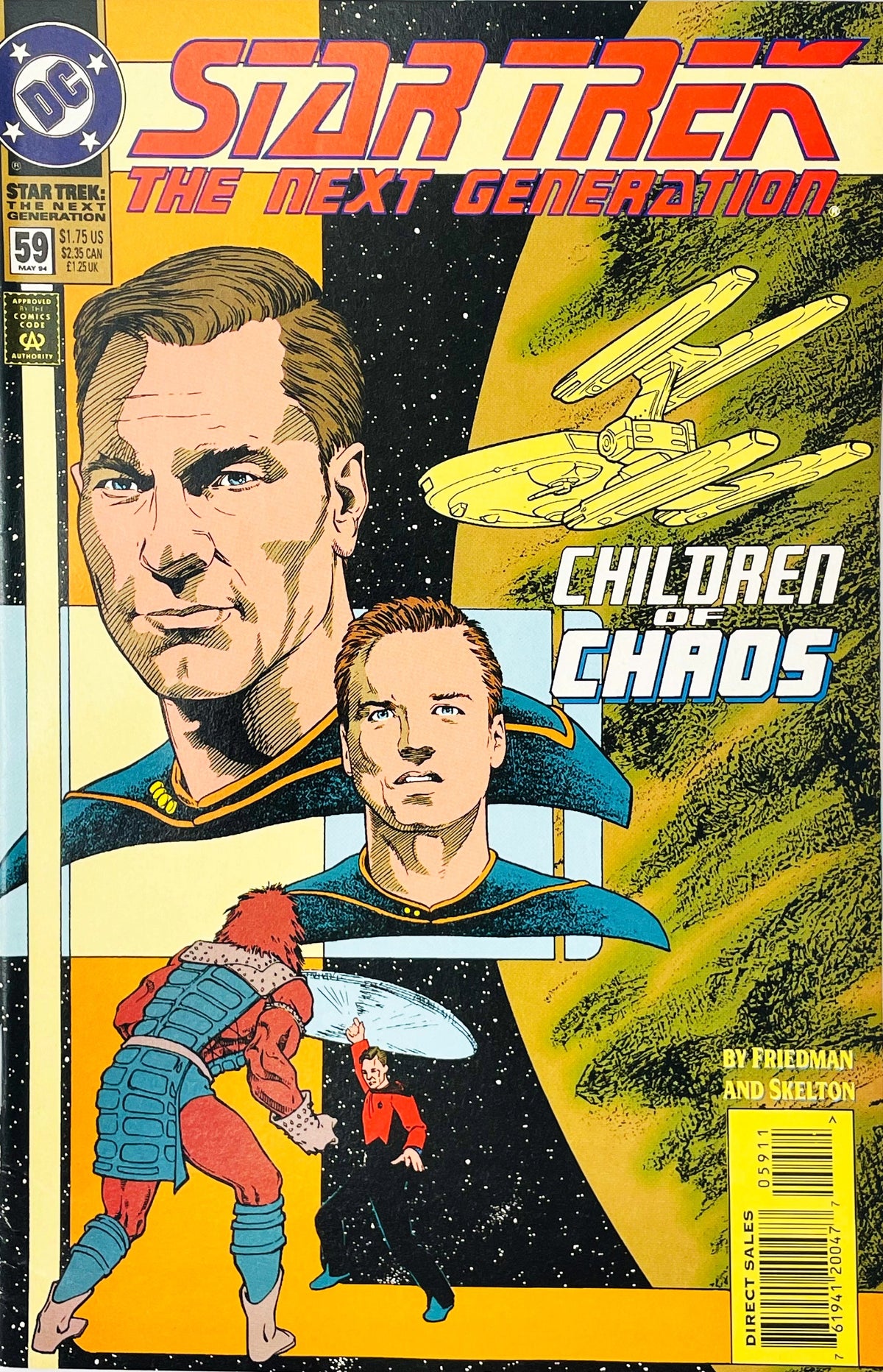 Star Trek The Next Generation volume 2 issue 59 comic book published by DC Comics featuring Peter Skelton cover art of Riker, Geordi, USS Enterprise-D, and an alien combat scene.