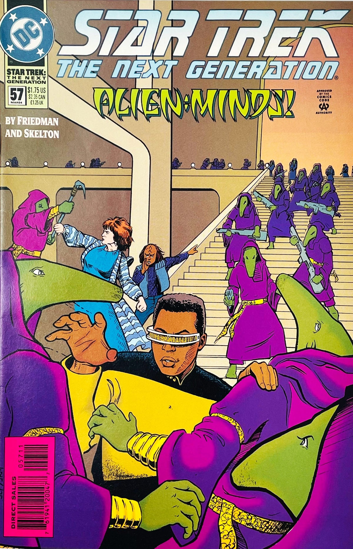 Star Trek The Next Generation volume 2 issue 57 comic book published by DC Comics featuring Peter Skelton cover art of Geordi La Forge, Beverly Crusher, and Worf fighting hooded green alien warriors.