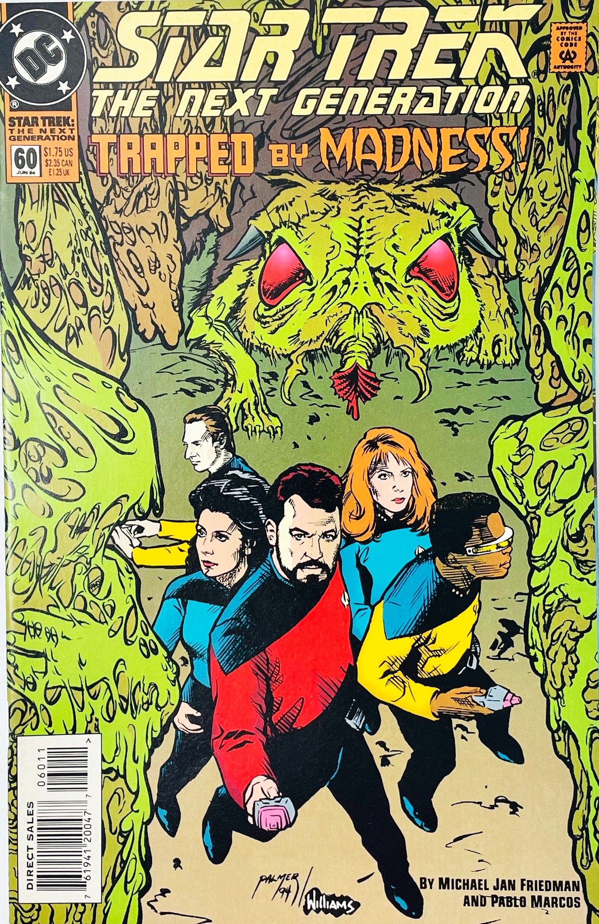 Star Trek The Next Generation volume 2 issue 60 comic book published by DC Comics featuring Tom Palmer and Pablo Marcos cover art of Commander Riker leading the Enterprise crew away from a giant green alien monster.