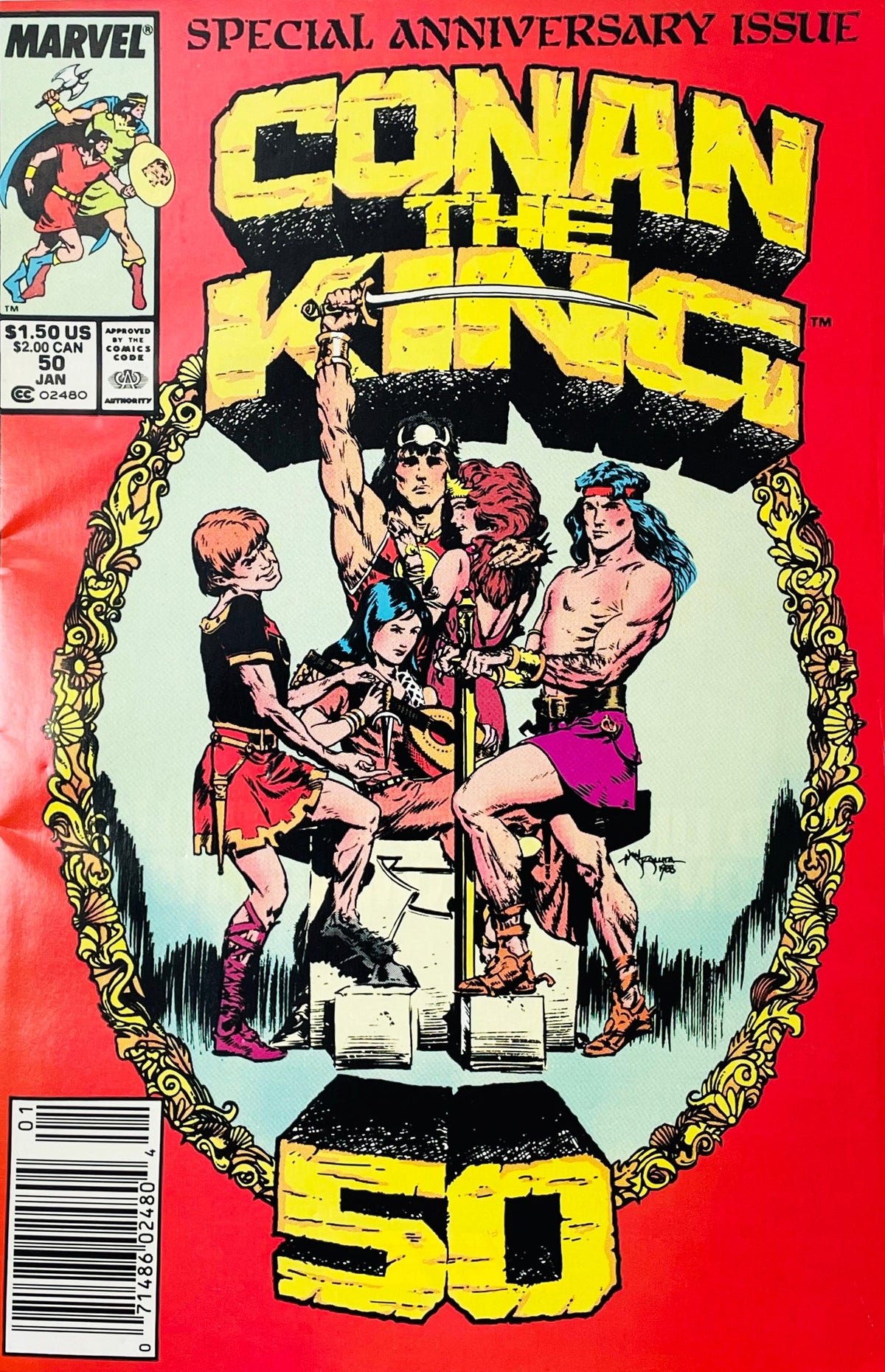 Conan the King issue 50 comic book published by Marvel Comics featuring Geof Isherwood cover art of King Conan and his royal family framed in a golden oval for the 50th anniversary issue.