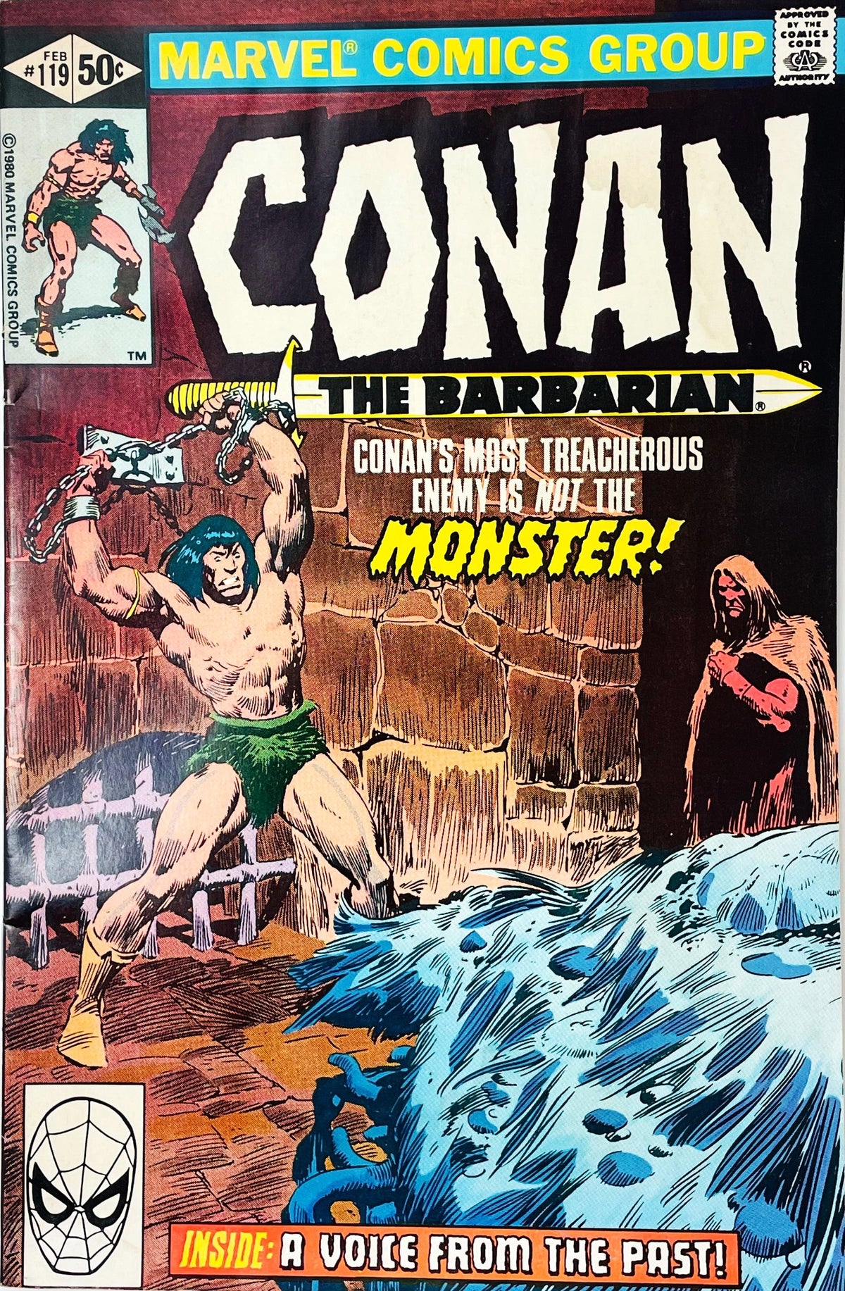 Conan the Barbarian issue 119 comic book published by Marvel Comics Group featuring Gil Kane cover art of a chained Conan battling a blue tentacled creature in a dungeon.