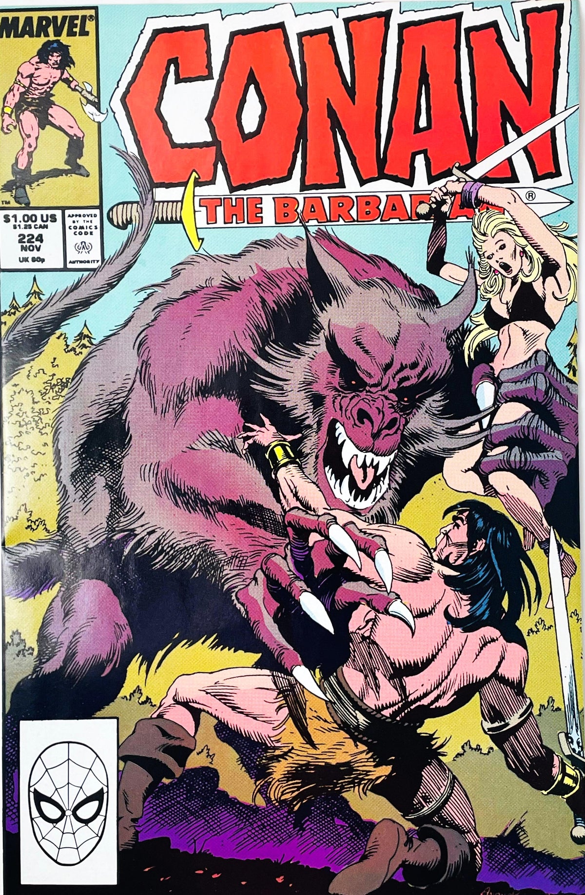 Conan the Barbarian issue 224 comic book published by Marvel Comics featuring Ron Lim cover art of Conan battling a giant horned werewolf monster.