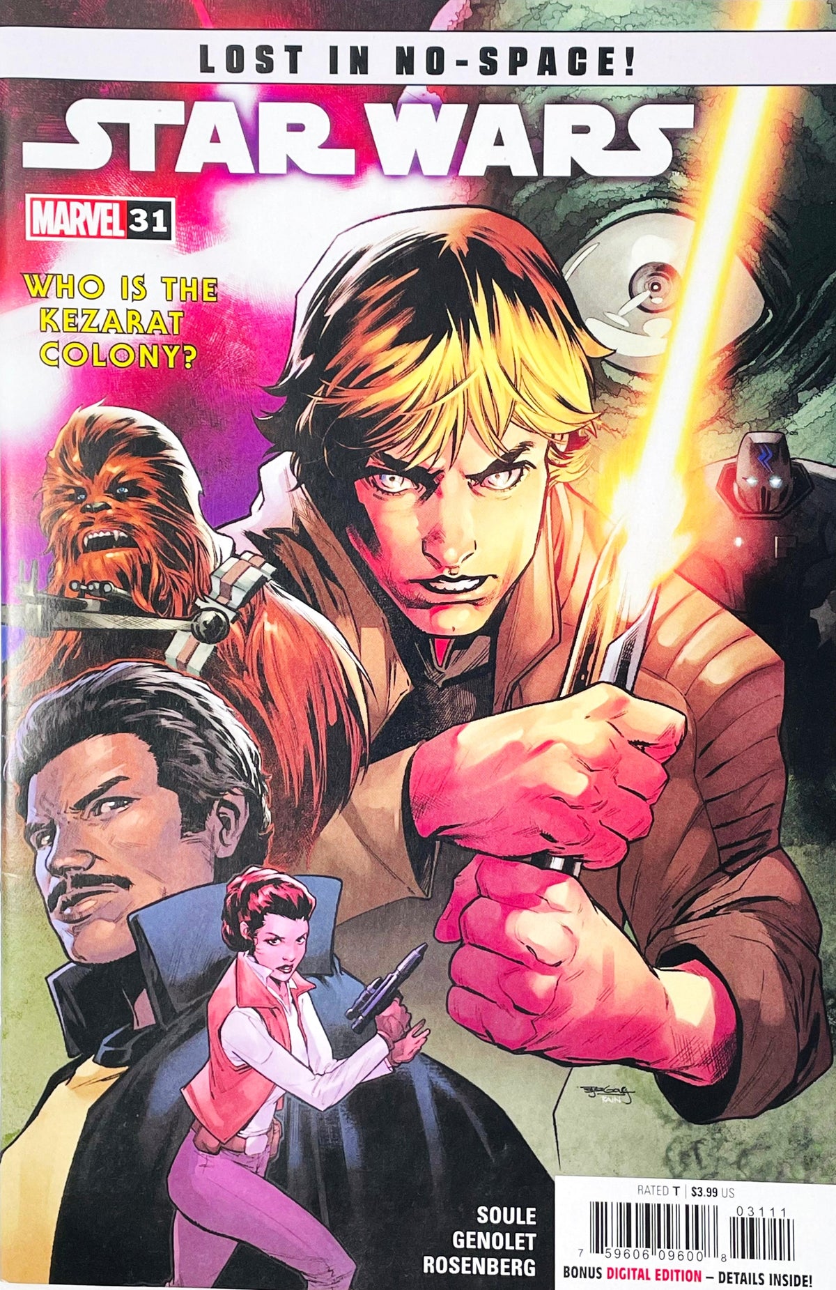 Star Wars #31 2023 Marvel Comics Stephen Segovia cover featuring Luke Skywalker Chewbacca and other Rebel heroes with lightsabers in the Lost in No-Space storyline