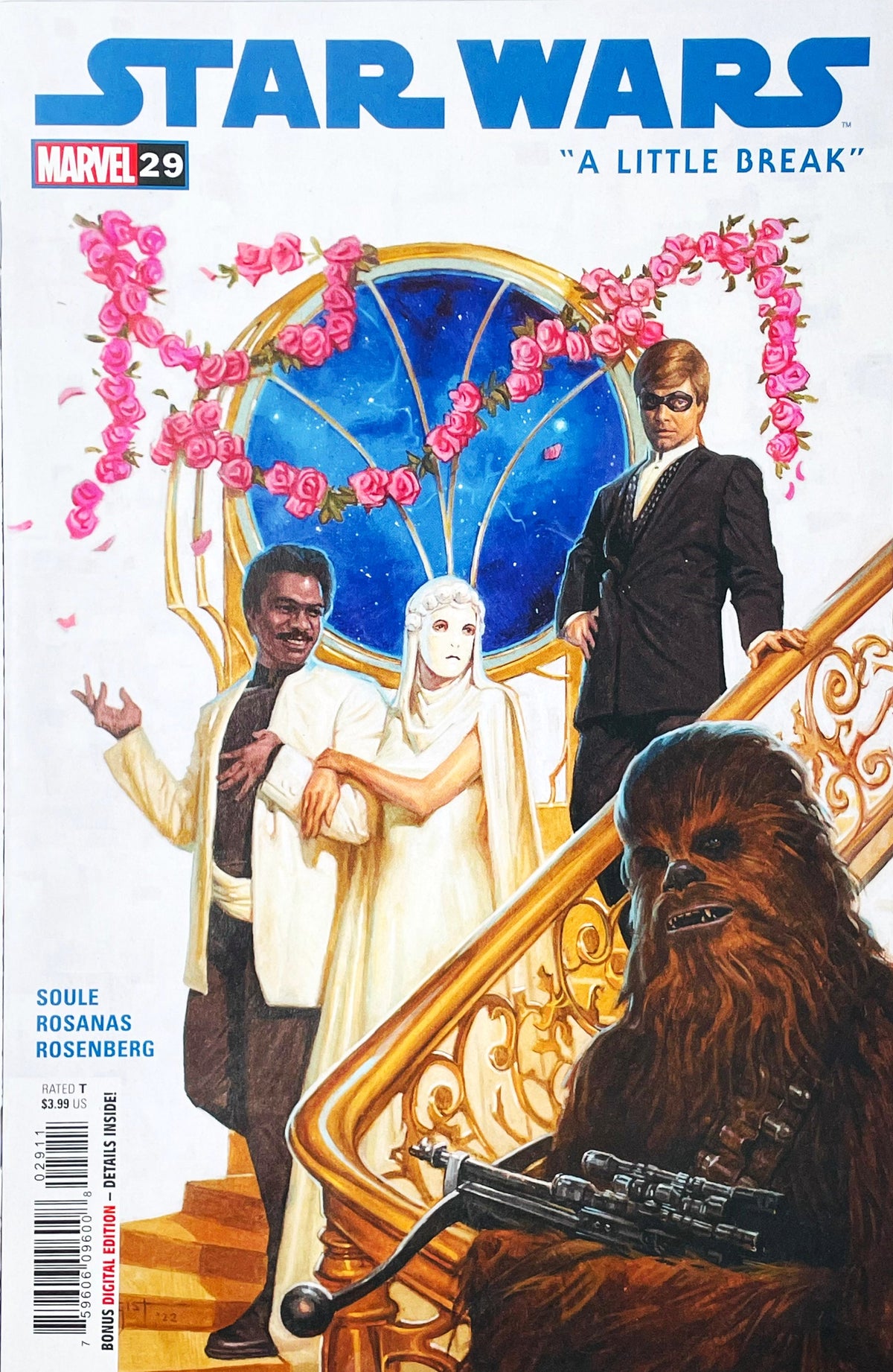 Star Wars issue 29 comic book published by Marvel Comics featuring E.M. Gist cover art of Lando Calrissian and masked Princess Leia on an ornate rose-draped staircase with Luke Skywalker and Chewbacca.