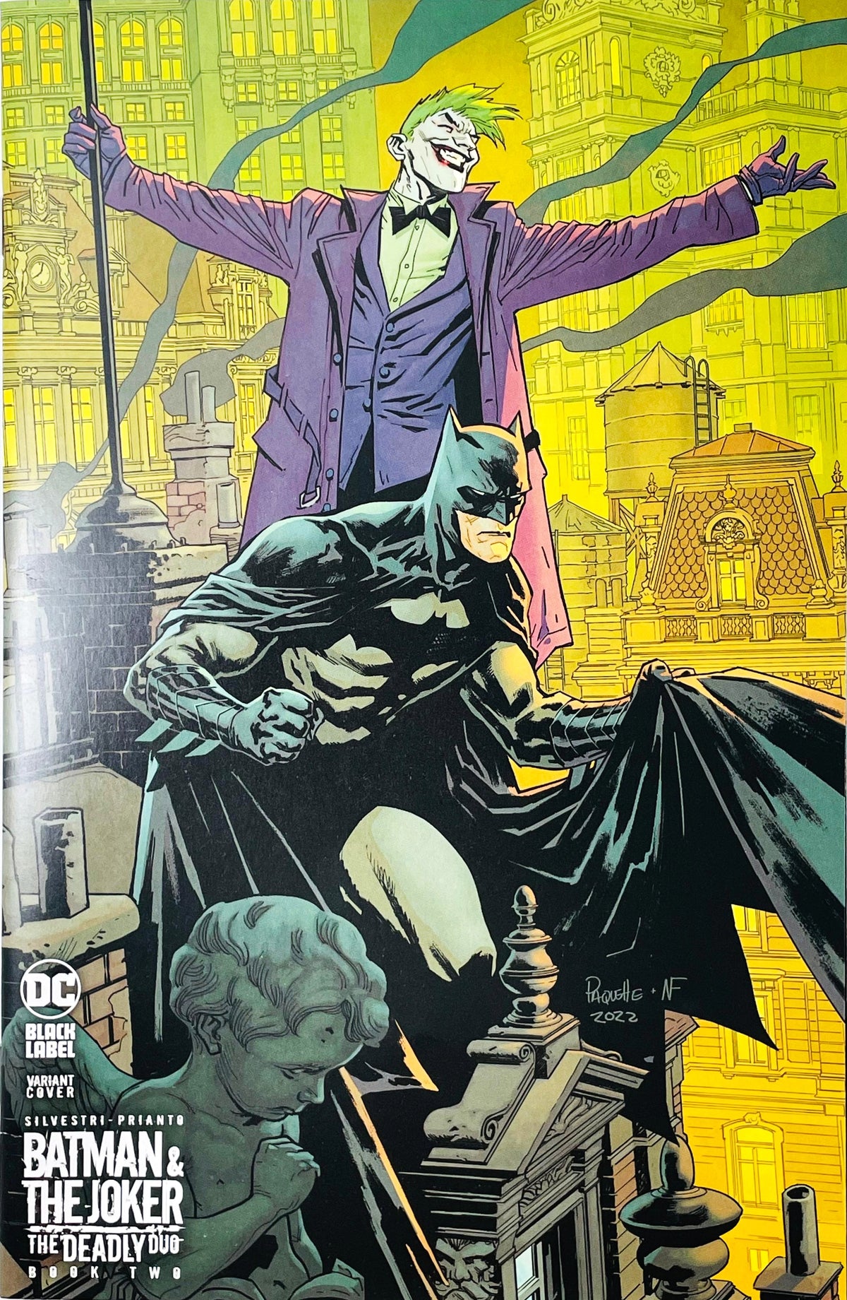 Batman and The Joker The Deadly Duo issue 2 comic book published by DC Black Label featuring Yanick Paquette variant cover art of Joker on a flagpole with arms outstretched above Batman on a Gotham rooftop.