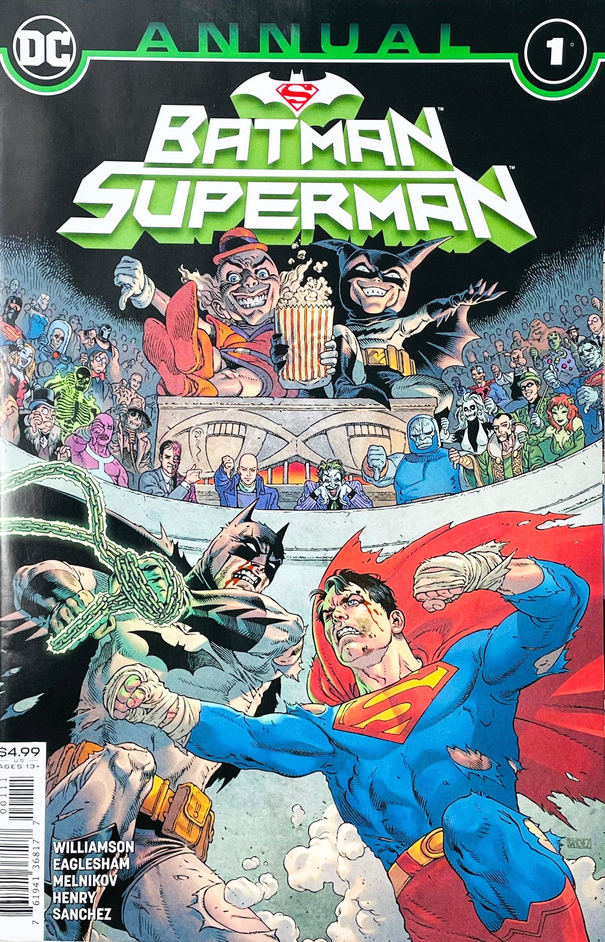 Batman Superman Annual issue 1 comic book published by DC Comics featuring Gleb Melnikov cover art of Batman fighting Superman in an arena while Mister Mxyzptlk and Bat-Mite watch with popcorn.