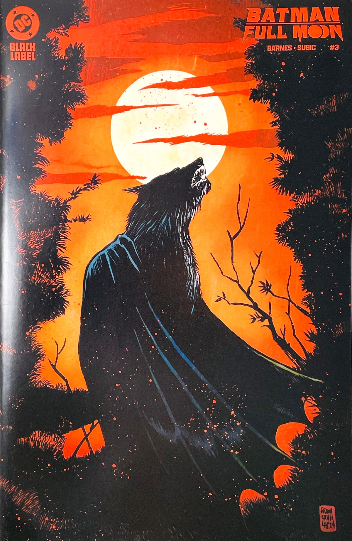 Batman Full Moon issue 3 comic book published by DC Black Label featuring Francesco Francavilla cover art of a werewolf wearing Batman's cape howling at a full moon in an orange sky.
