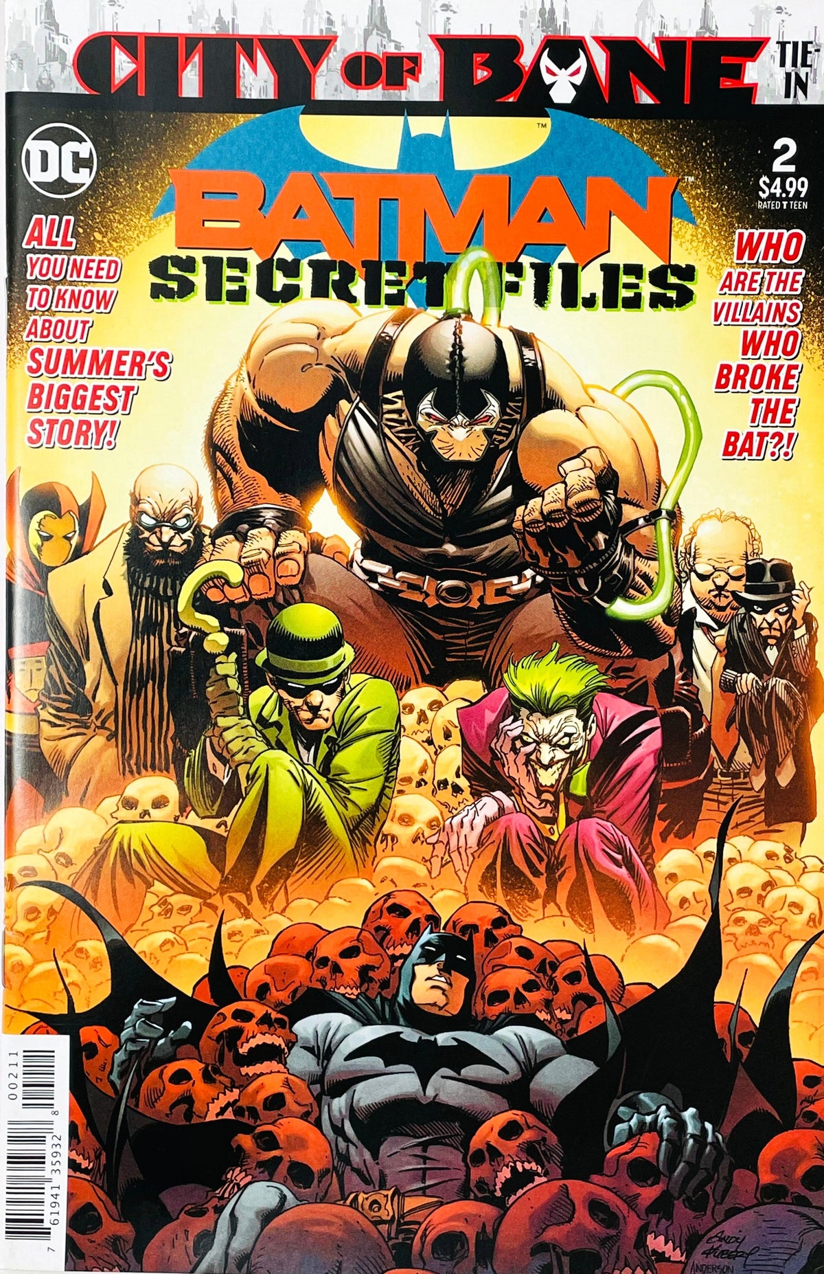 Batman Secret Files issue 2 comic book published by DC Comics featuring Andy Kubert cover art of Bane, Joker, and Riddler standing over a defeated Batman buried in skulls.