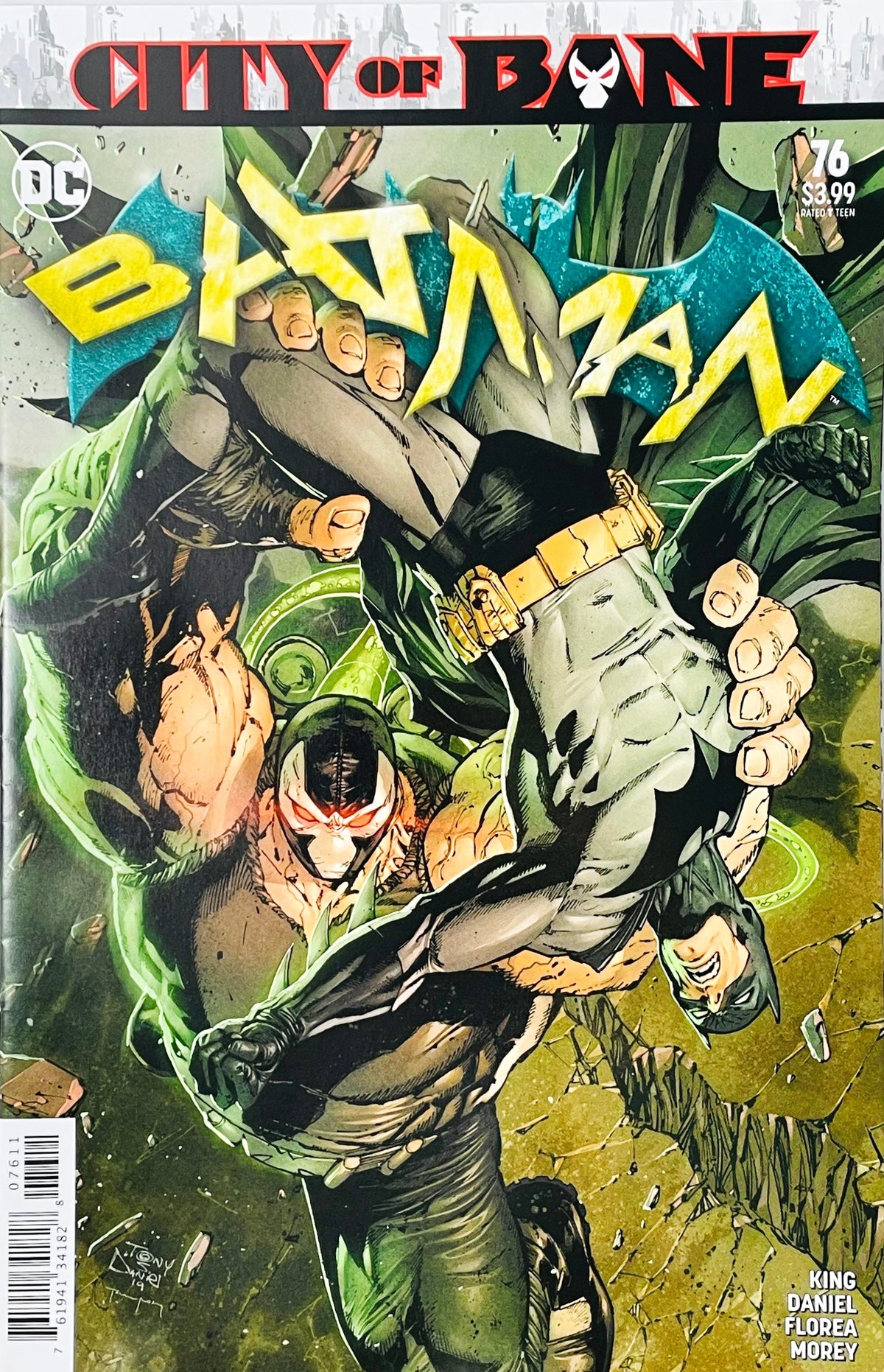 Batman issue 76 comic book published by DC Comics featuring Tony S. Daniel cover art of Bane slamming Batman through a window in City of Bane.