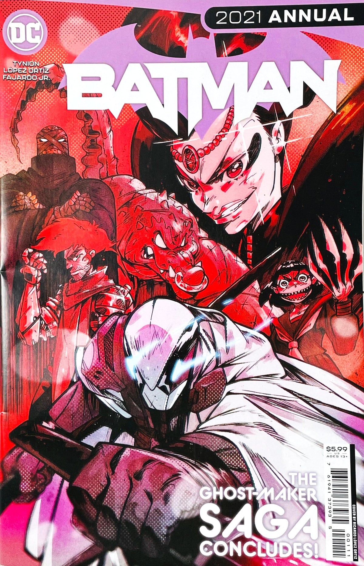 Batman 2021 Annual issue 1 comic book published by DC Comics featuring Ricardo López Ortiz cover art of Ghost-Maker with his rogues gallery and text reading The Ghost-Maker Saga Concludes.