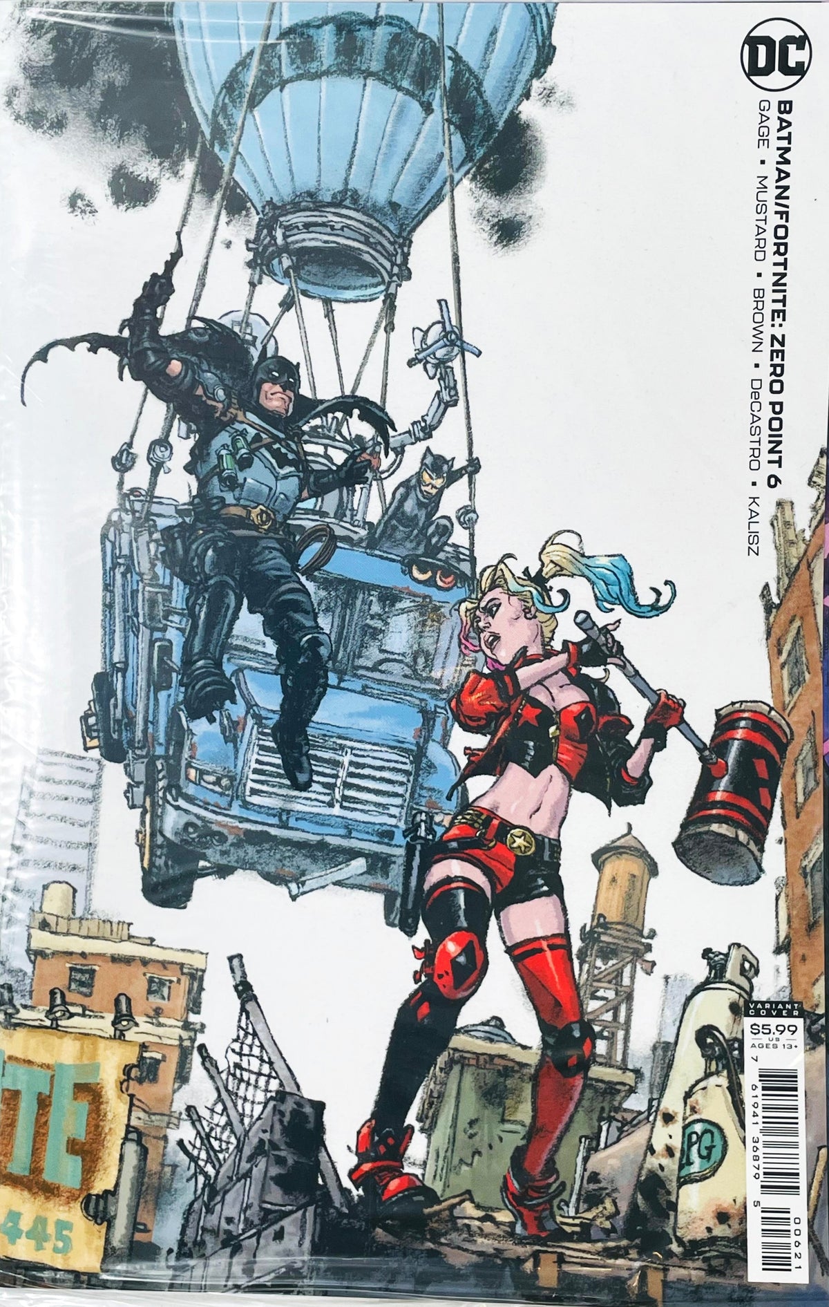 Batman Fortnite Zero Point issue 6 comic book published by DC Comics featuring Kim Jung Gi variant cover art of Harley Quinn with a mallet and Batman jumping off the Fortnite Battle Bus.