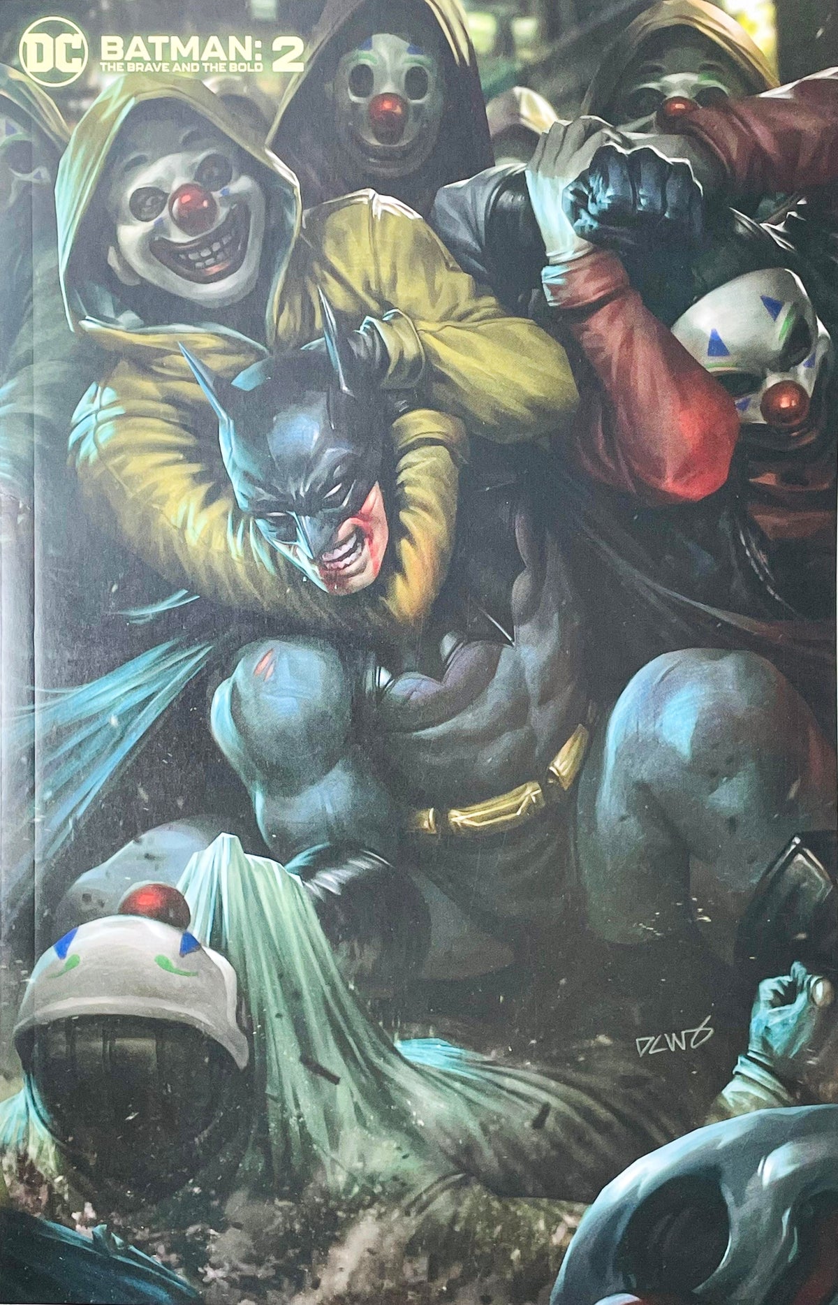 Batman The Brave and the Bold issue 2 comic book published by DC Comics featuring Derrick Chew variant cover art of Batman being tackled by hooded thugs wearing clown masks.