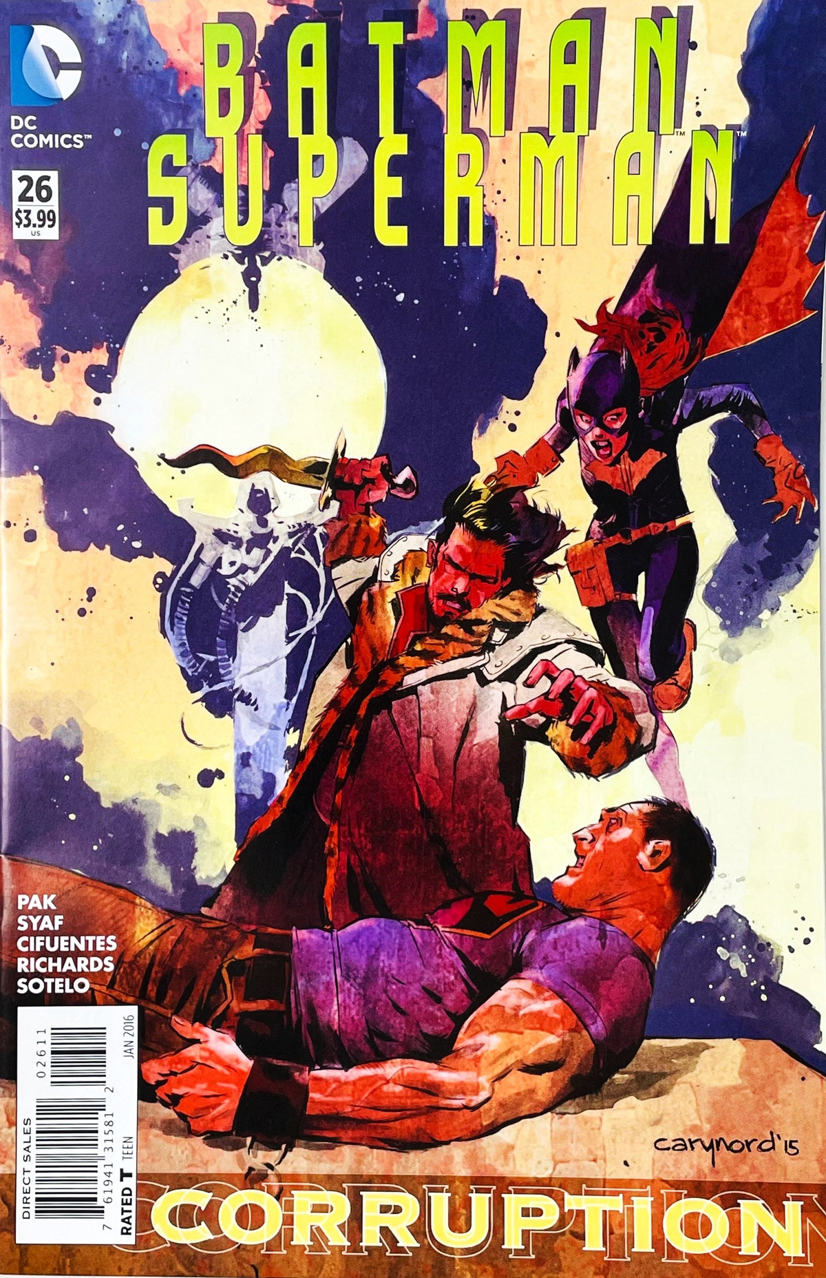 Batman Superman issue 26 comic book published by DC Comics featuring Cary Nord cover art of Batgirl leaping to save a fallen Superman with Corruption title text.