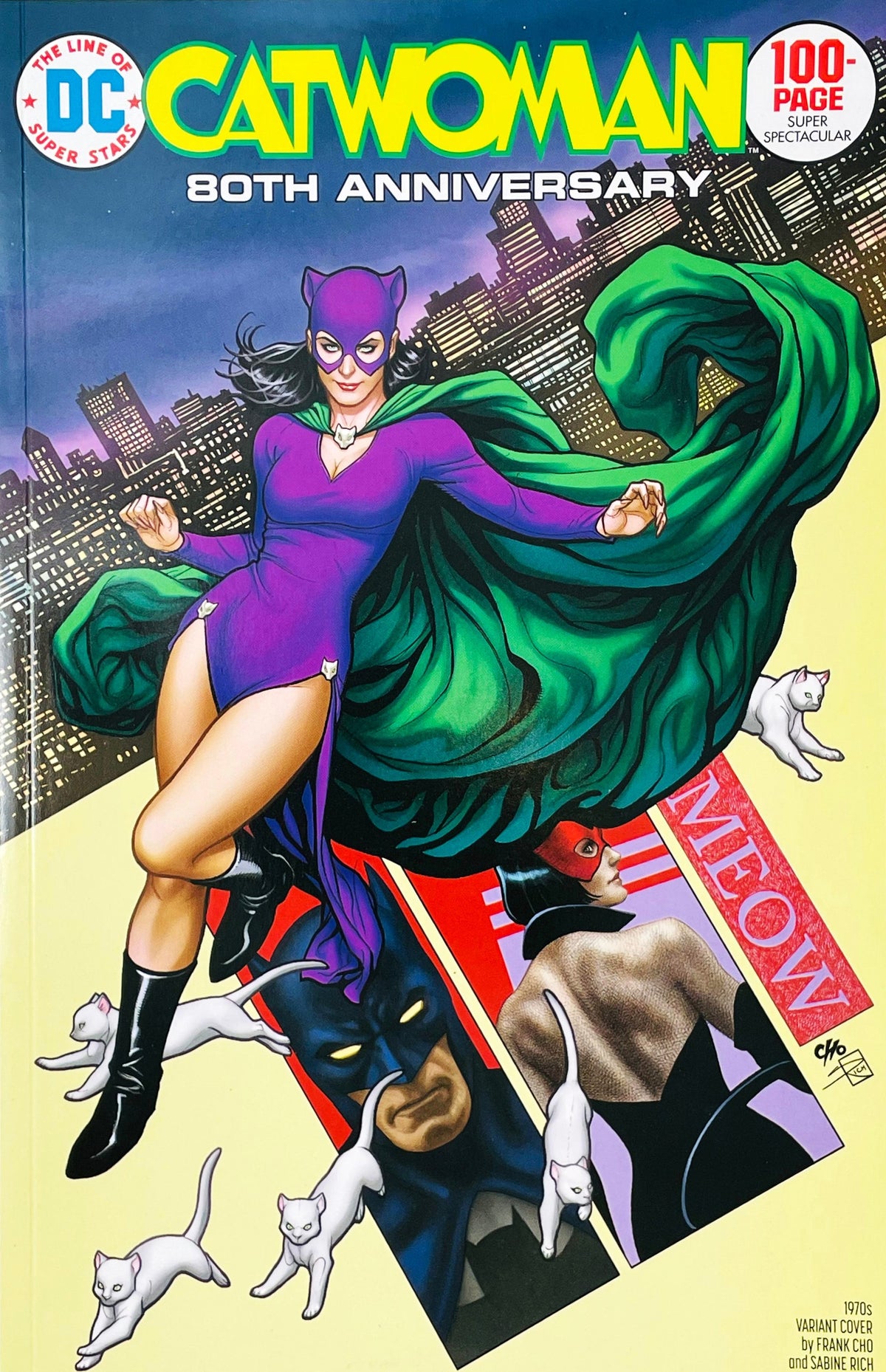 Catwoman 80th Anniversary 100-Page Super Spectacular issue 1 comic book published by DC Comics featuring Frank Cho 1970s variant cover art of Catwoman in a purple suit and green cape.