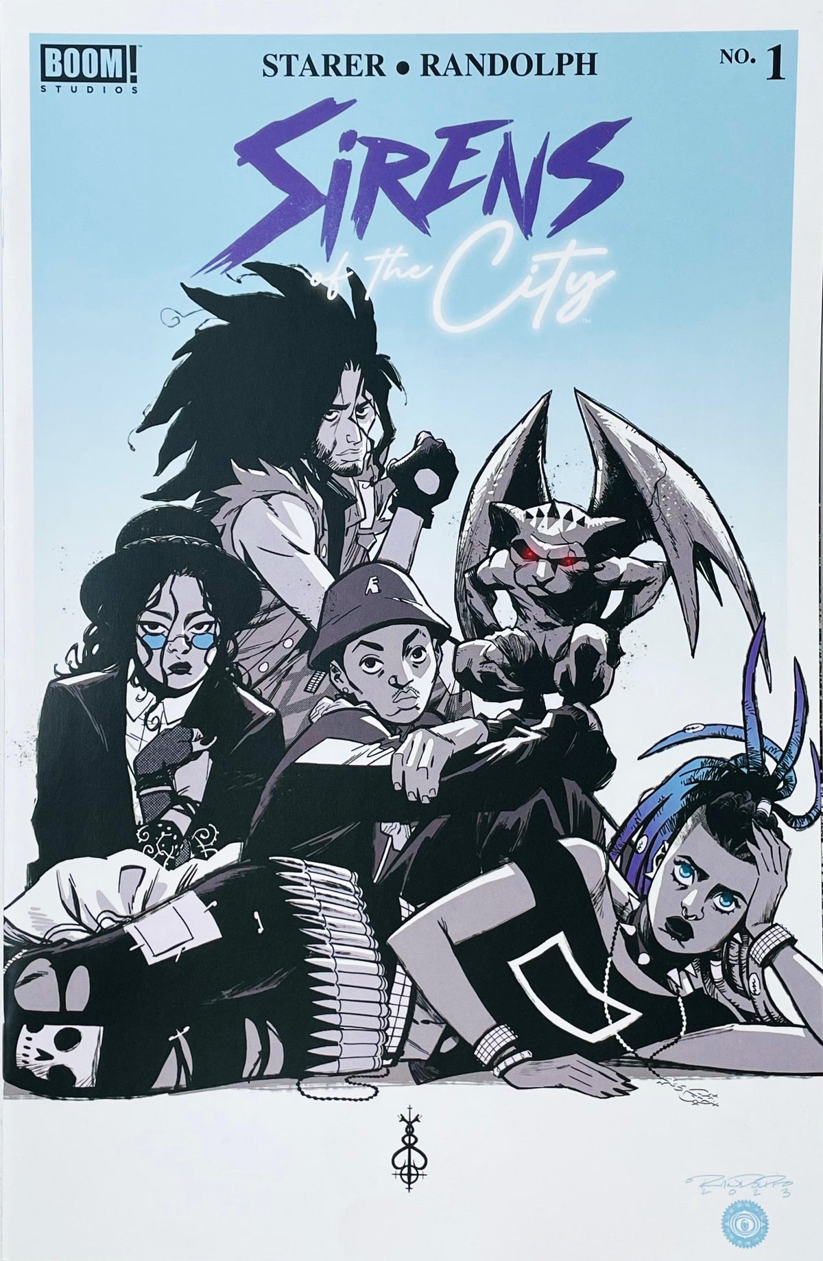 Sirens of the City issue 1 comic book published by BOOM Studios featuring Khary Randolph cover art of supernatural urban characters lounging together.