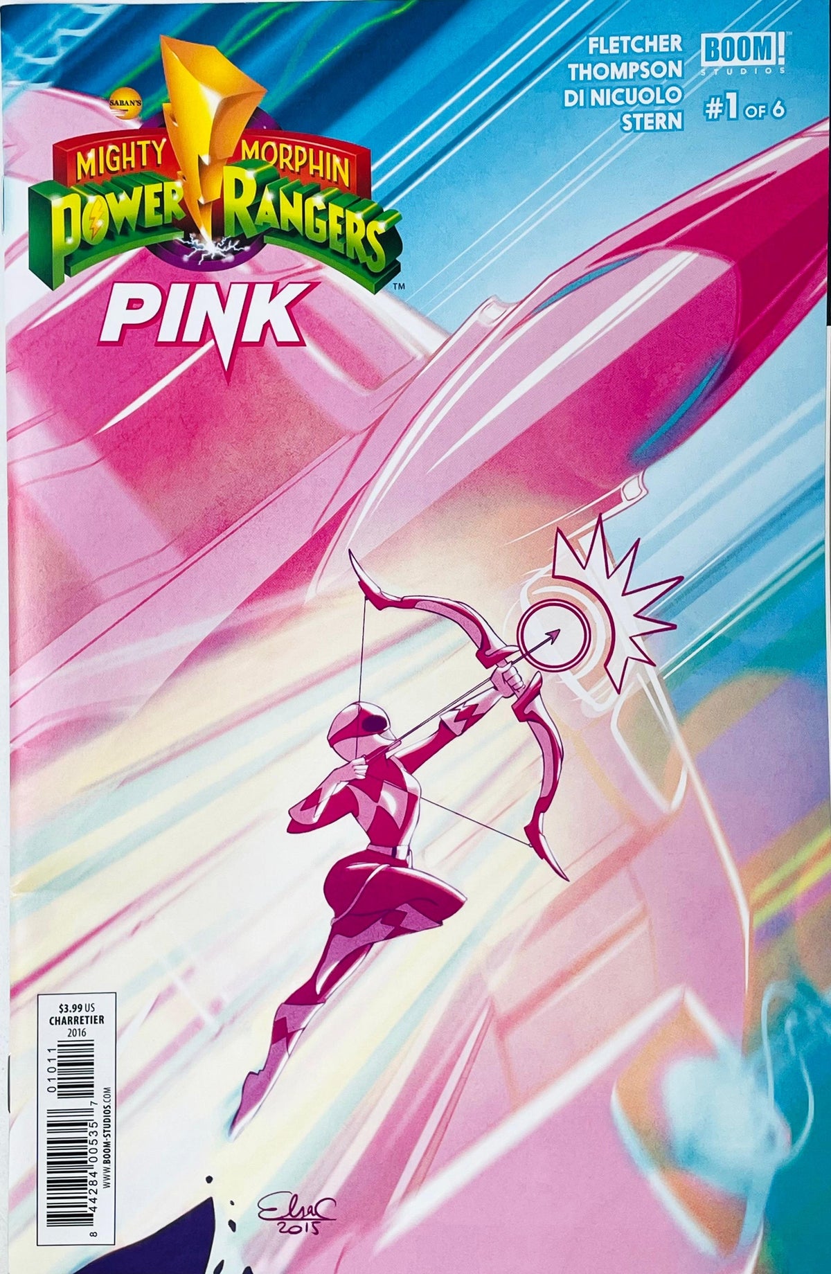 Mighty Morphin Power Rangers Pink issue 1 comic book published by BOOM Studios featuring Elsa Charretier variant cover art of the Pink Ranger drawing her bow in front of the Pterodactyl Dinozord.