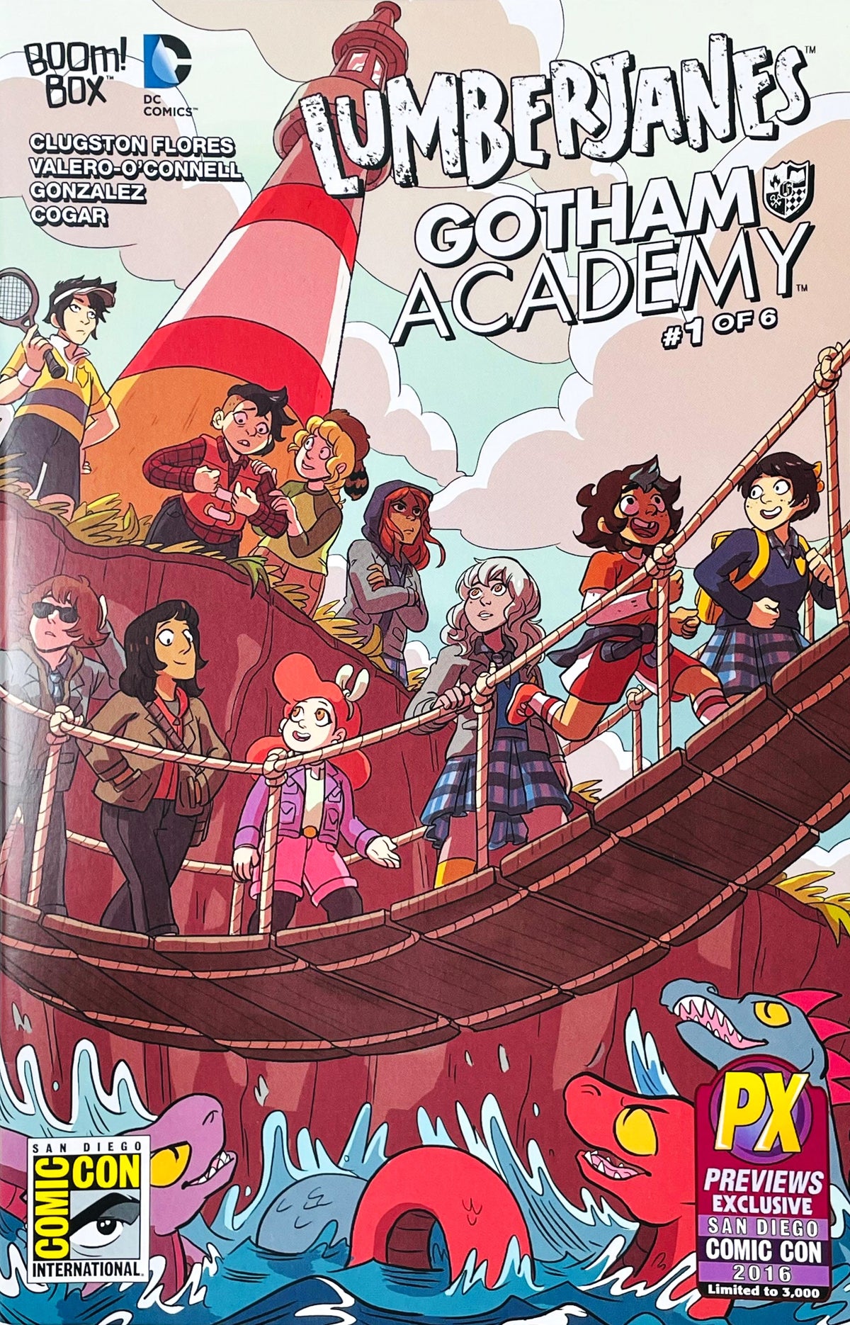 Lumberjanes Gotham Academy issue 1 comic book co-published by BOOM Box and DC Comics featuring SDCC 2016 PX exclusive cover art of the campers and students on a rope bridge over sea monsters.