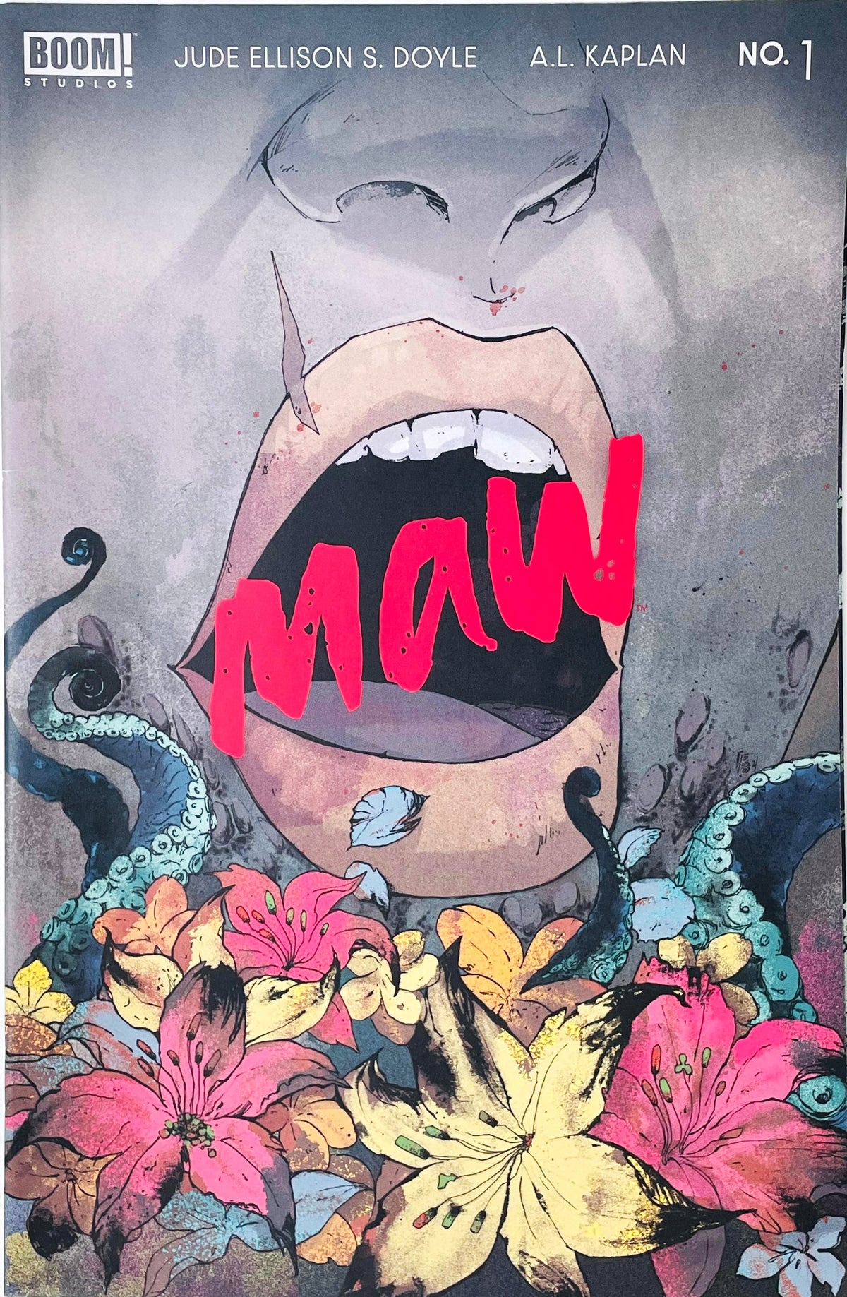 Maw issue 1 comic book published by BOOM Studios featuring A.L. Kaplan cover art of an open mouth surrounded by tentacles and pink and yellow flowers.