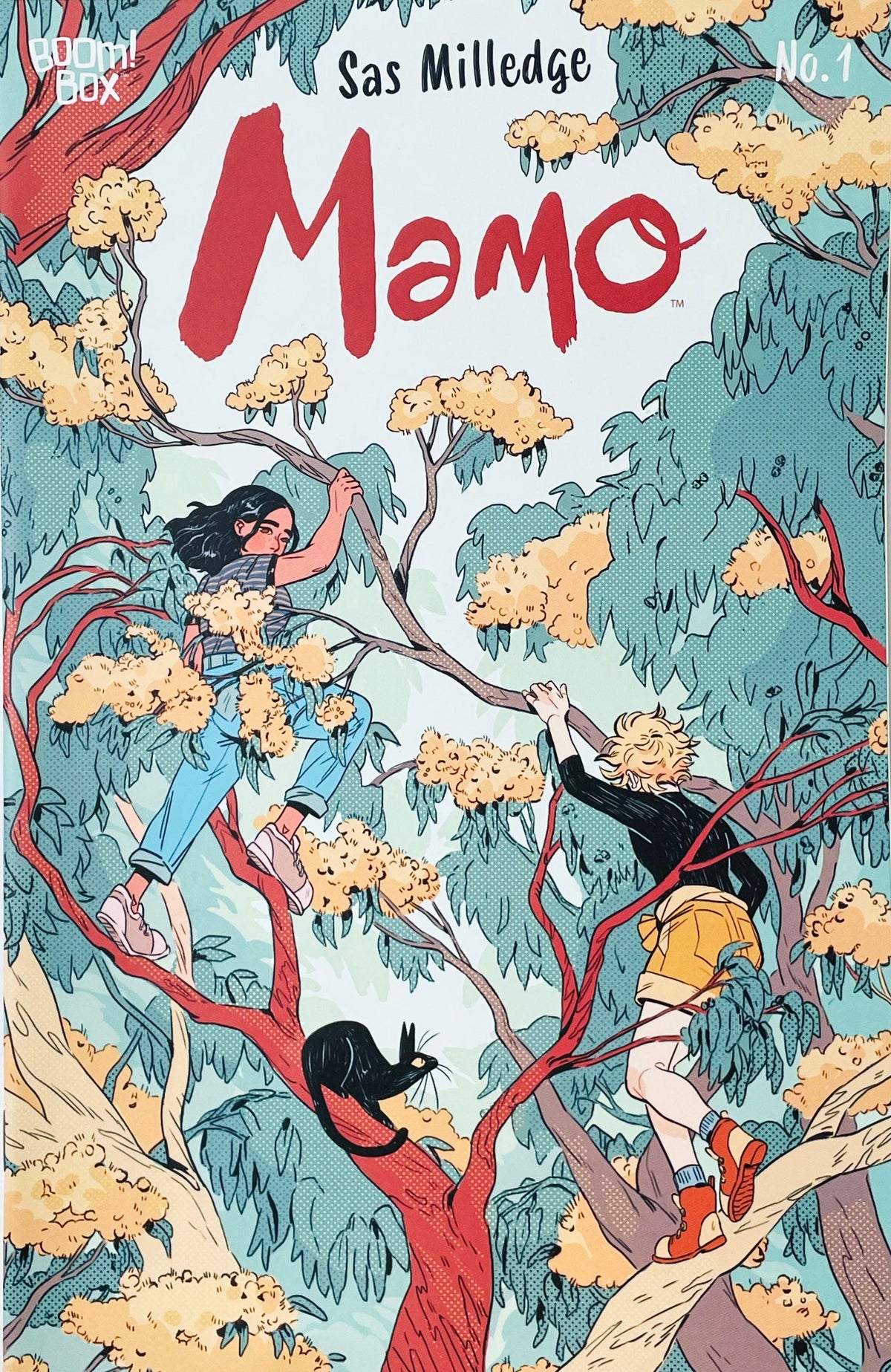 Mamo issue 1 comic book published by BOOM Box featuring Sas Milledge cover art of Orla and Jo climbing a flowering tree with a black cat.