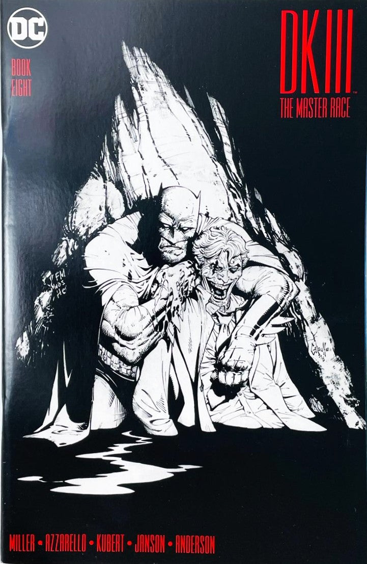 Dark Knight III The Master Race issue 8 comic book published by DC Comics featuring Greg Capullo 1:25 black and white variant cover art of Batman holding The Joker in a cave.