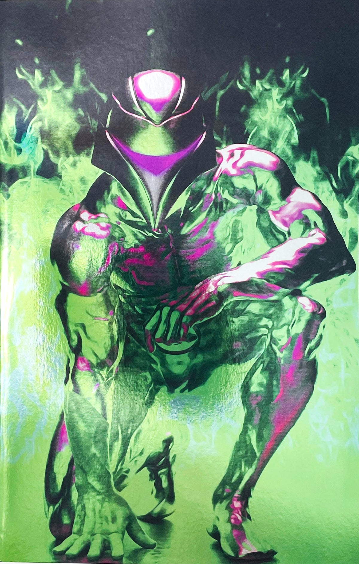 Radiant Black issue 1 comic book published by Image Comics featuring InHyuk Lee green virgin foil variant cover art of superhero Radiant Black crouching in green flames.