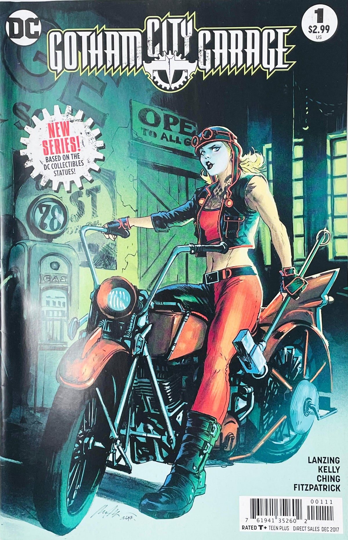 Gotham City Garage issue 1 comic book published by DC Comics featuring Rafael Albuquerque cover art of Harley Quinn sitting on a custom motorcycle outside a garage.