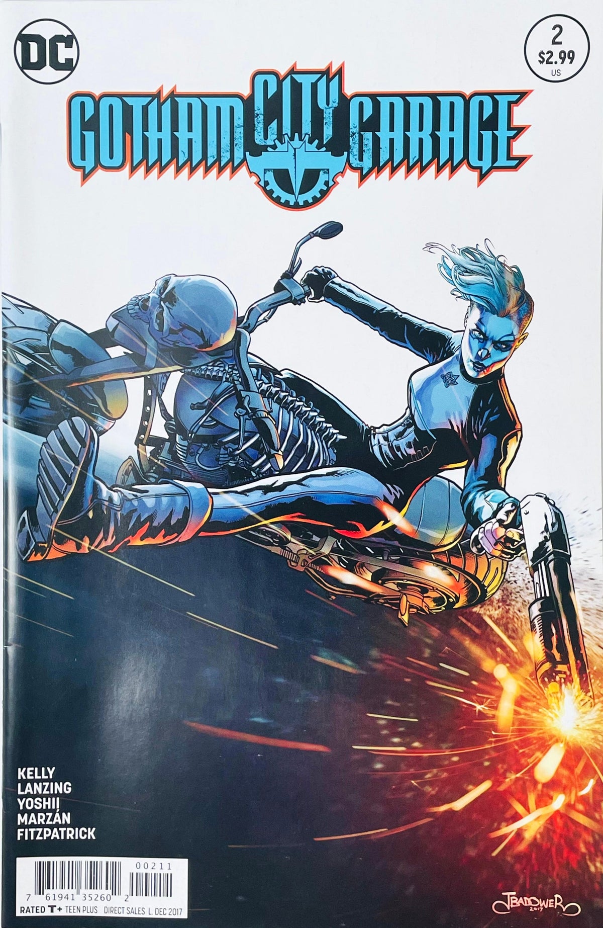 Gotham City Garage issue 2 comic book published by DC Comics featuring Dan Badower cover art of Silver Banshee riding a skull motorcycle and firing a gun.