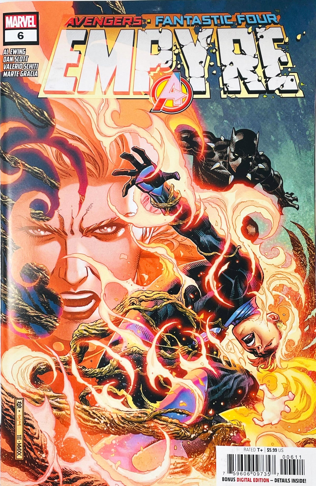 Empyre issue 6 comic book published by Marvel Comics featuring Jim Cheung cover art of Captain Marvel engulfed in flames and vines with Black Panther leaping into battle.