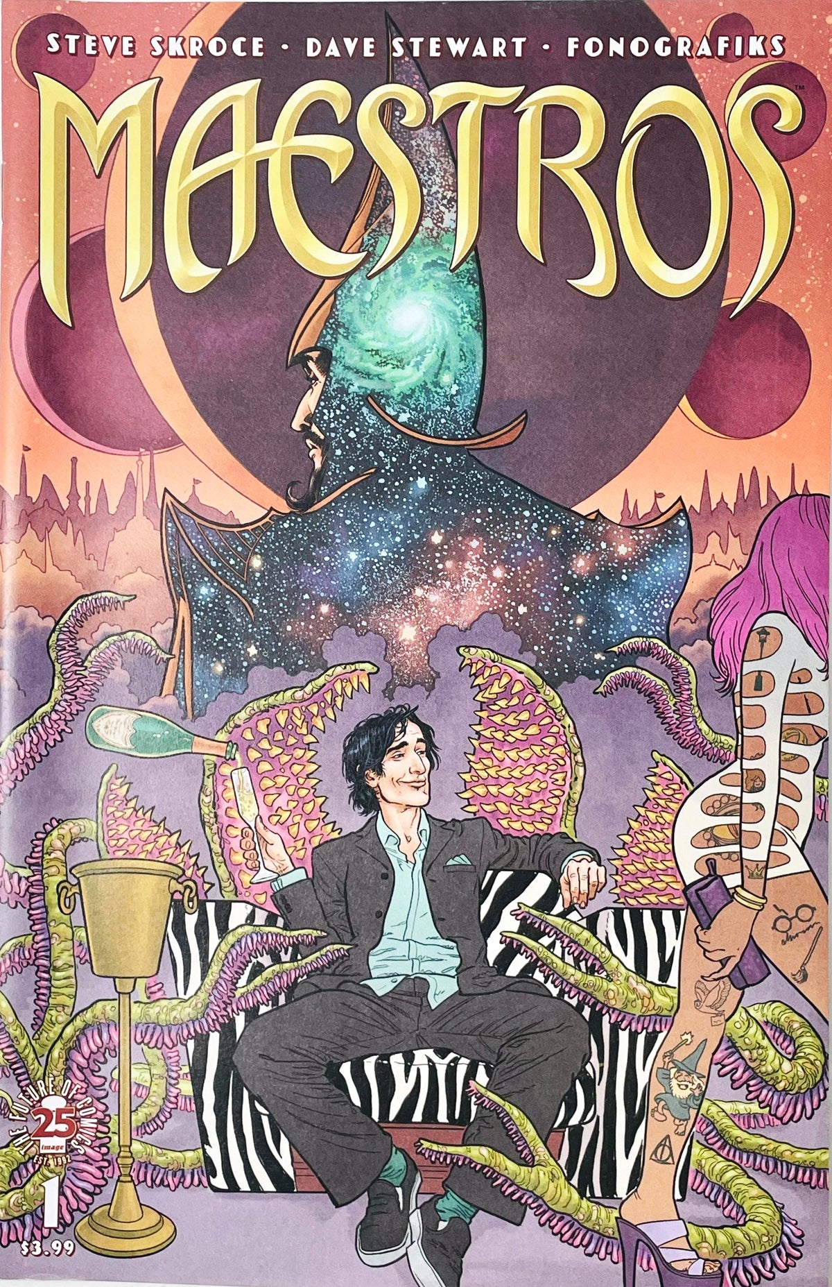 Maestros issue 1 comic book published by Image Comics featuring Steve Skroce cover art of Willy Little on a couch with champagne surrounded by magical tentacles and a cosmic silhouette.