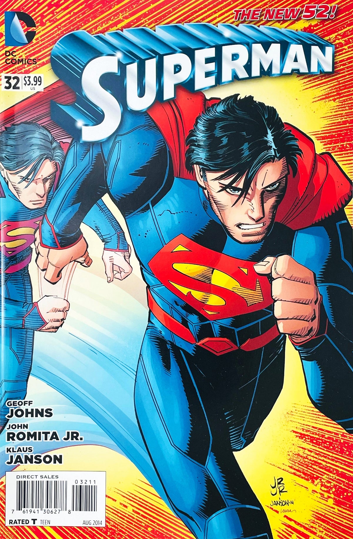 Superman issue 32 comic book published by DC Comics featuring John Romita Jr. cover art of Superman and Ulysses sprinting into action.
