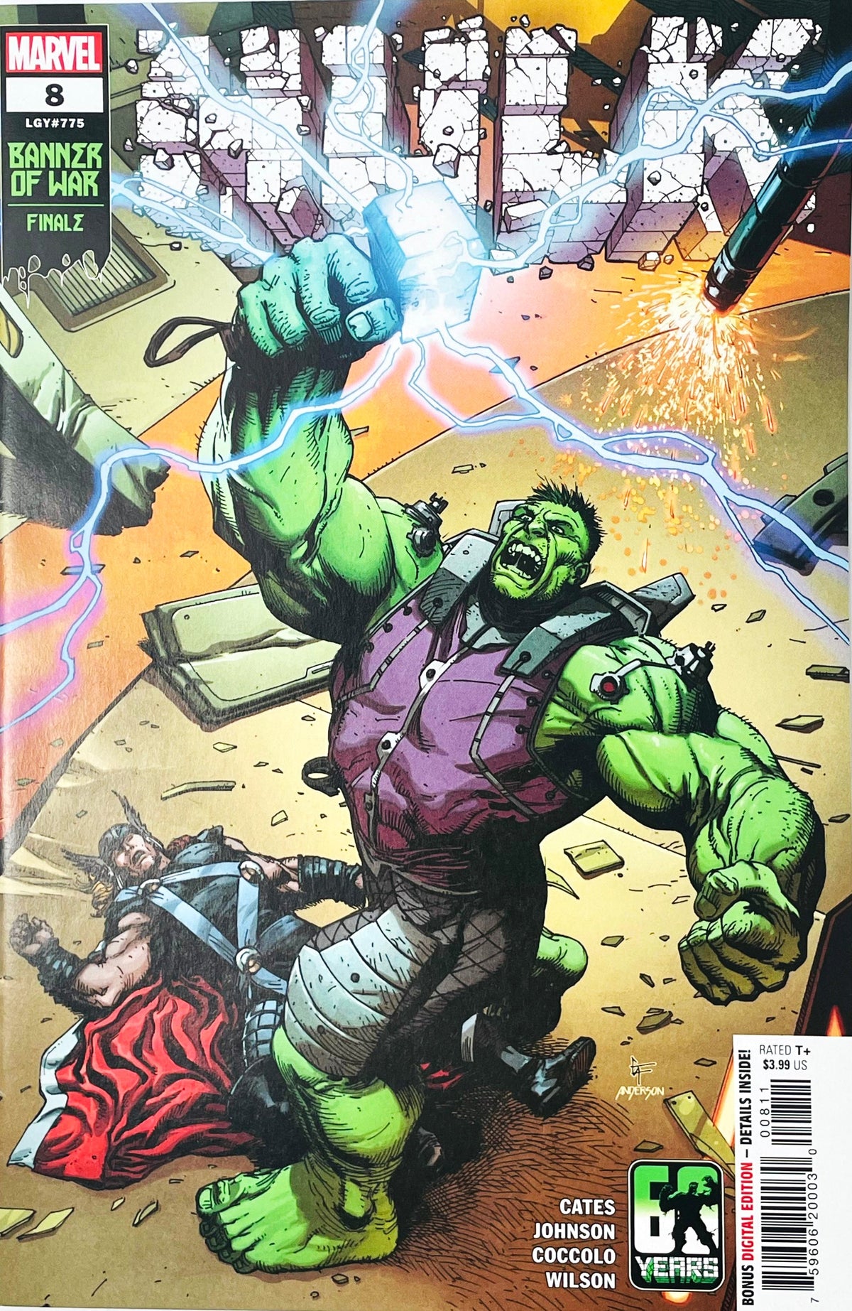 Hulk issue 8 comic book published by Marvel Comics featuring Gary Frank cover art of Hulk holding Thor's hammer Mjolnir aloft with lightning over a fallen Thor.