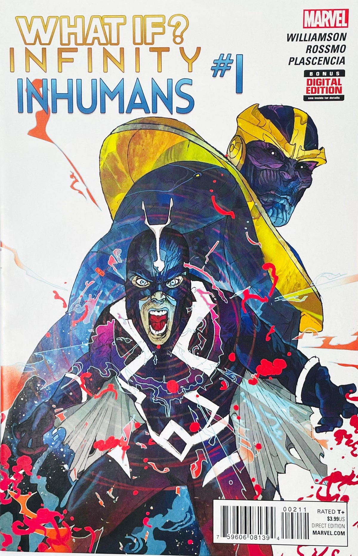 What If? Infinity - Inhumans issue 1 comic book published by Marvel Comics featuring Riley Rossmo cover art of Black Bolt screaming in front of Thanos' looming silhouette.