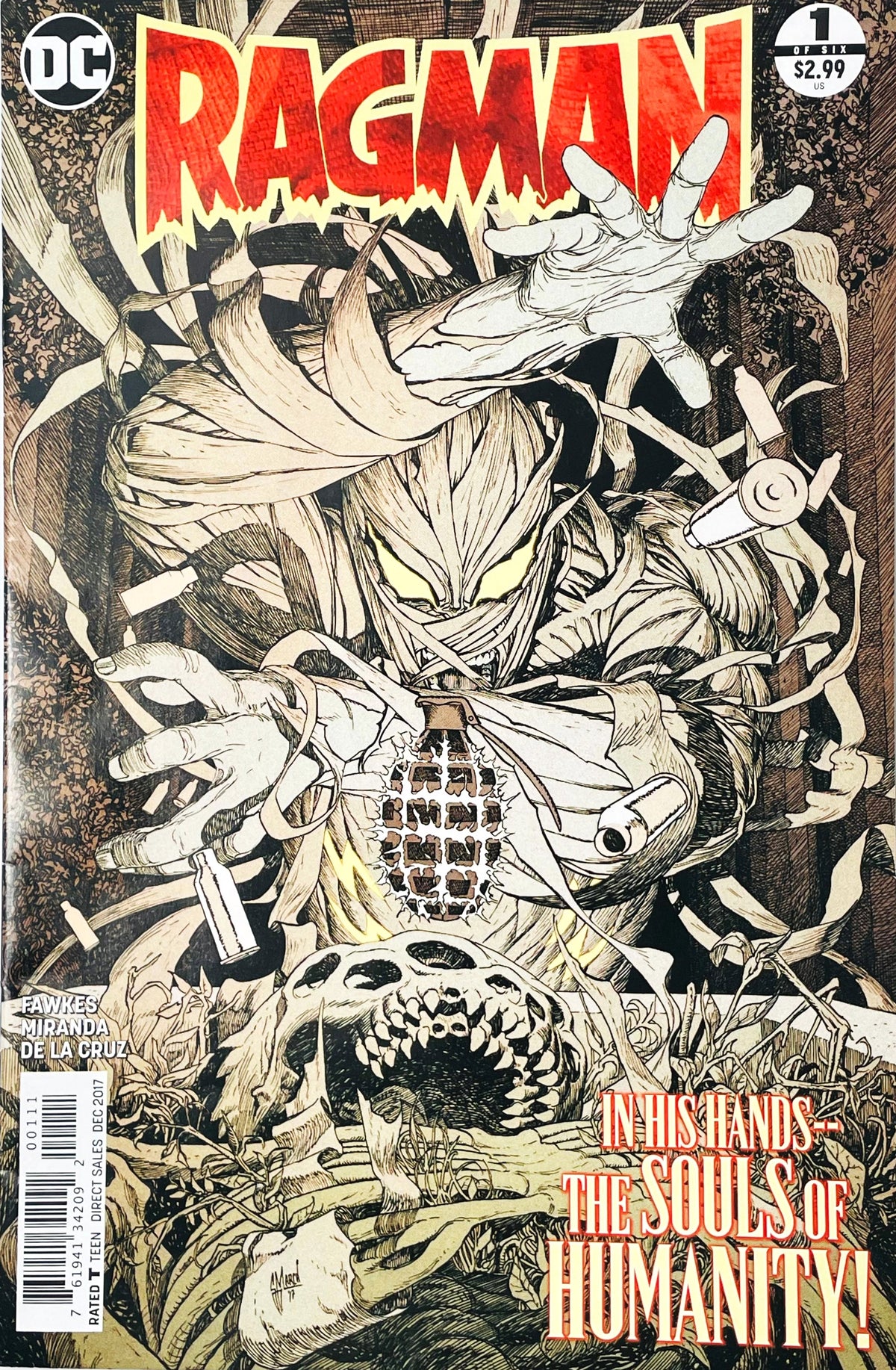 Ragman issue 1 comic book published by DC Comics featuring Guillem March cover art of Ragman wrapped in magical rags with glowing eyes above a demonic skull.