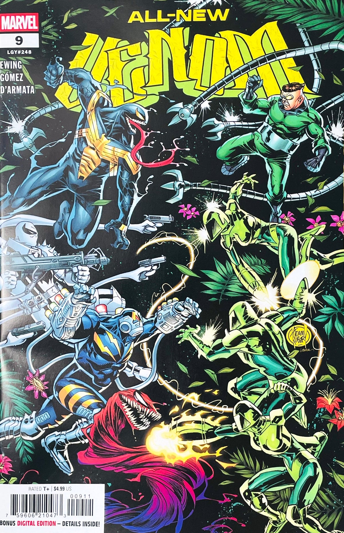 All-New Venom issue 9 comic book published by Marvel Comics featuring Adam Kubert cover art of Venom and Doc Ock battling armored villains in a jungle environment.