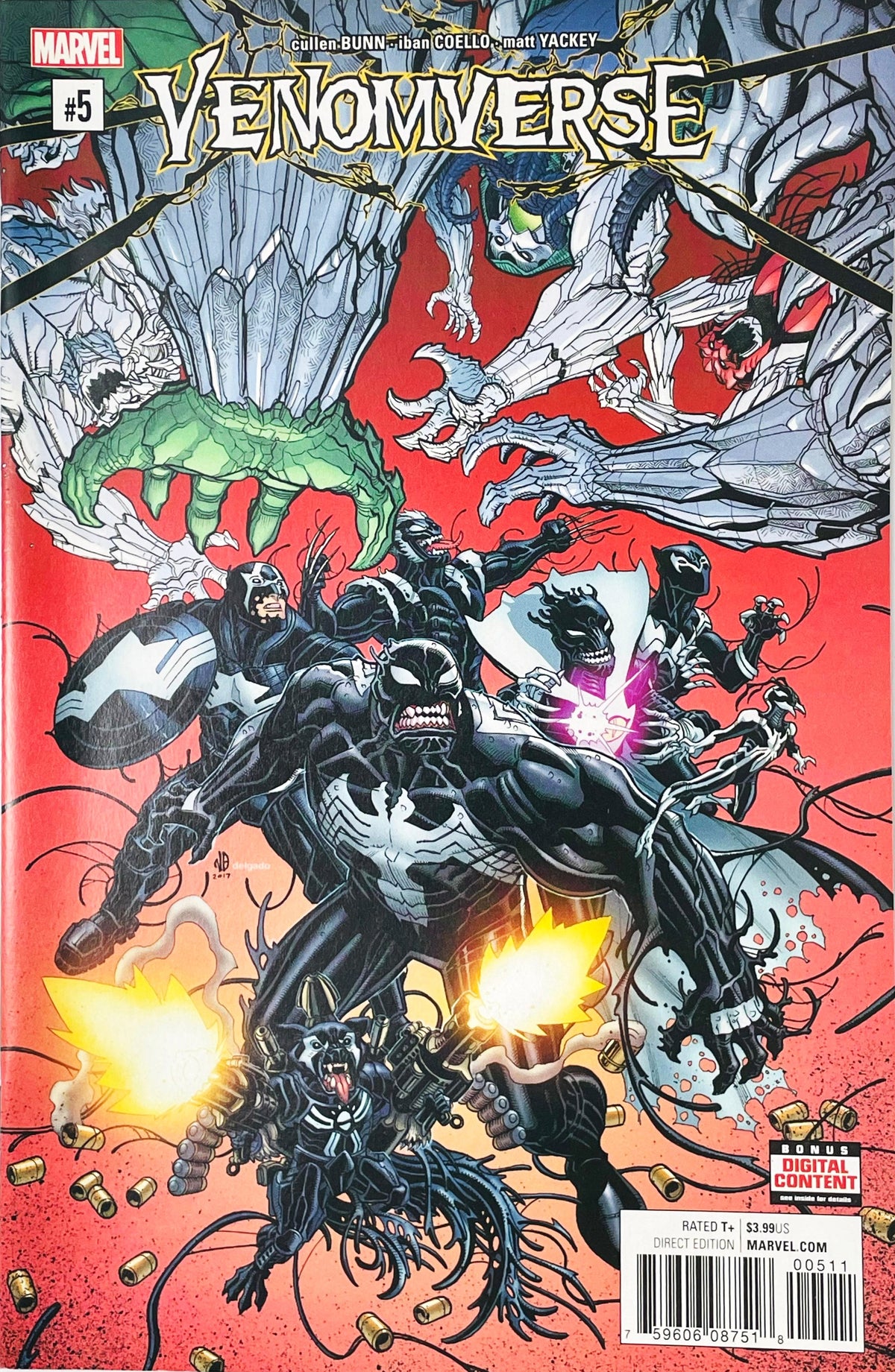 Venomverse issue 5 comic book published by Marvel Comics featuring Nick Bradshaw cover art of Venom leading Venomized Captain America and Rocket Raccoon into battle against Poisons.